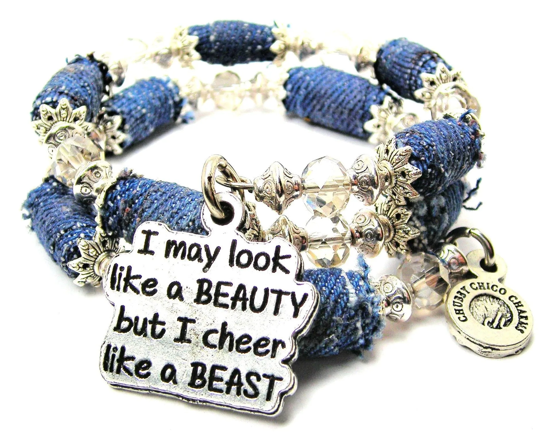 I May Look Like A Beauty But I Cheer Like A Beast Blue Jean Beaded Wrap Bracelet