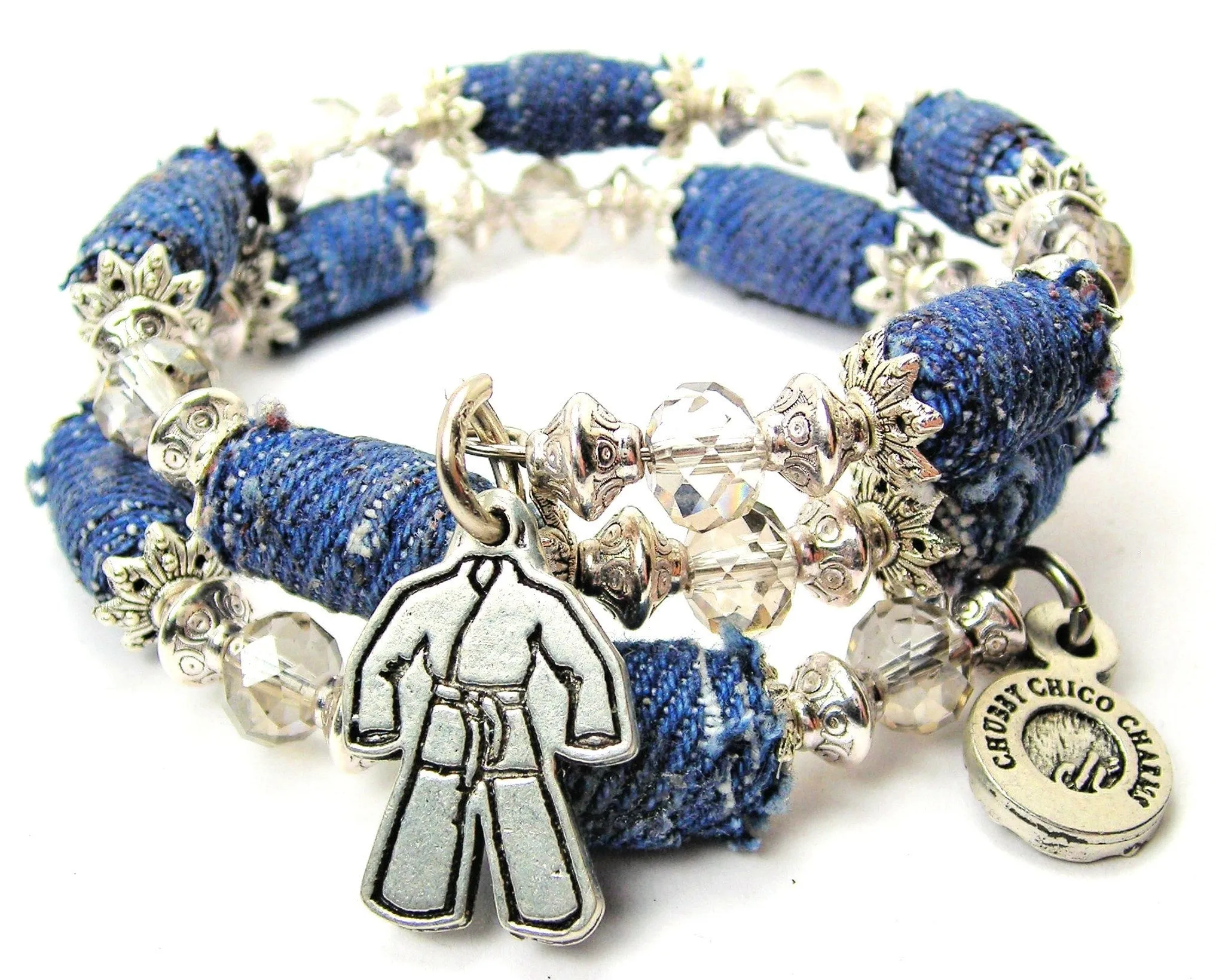 Karate Uniform Blue Jean Beaded Wrap Bracelet