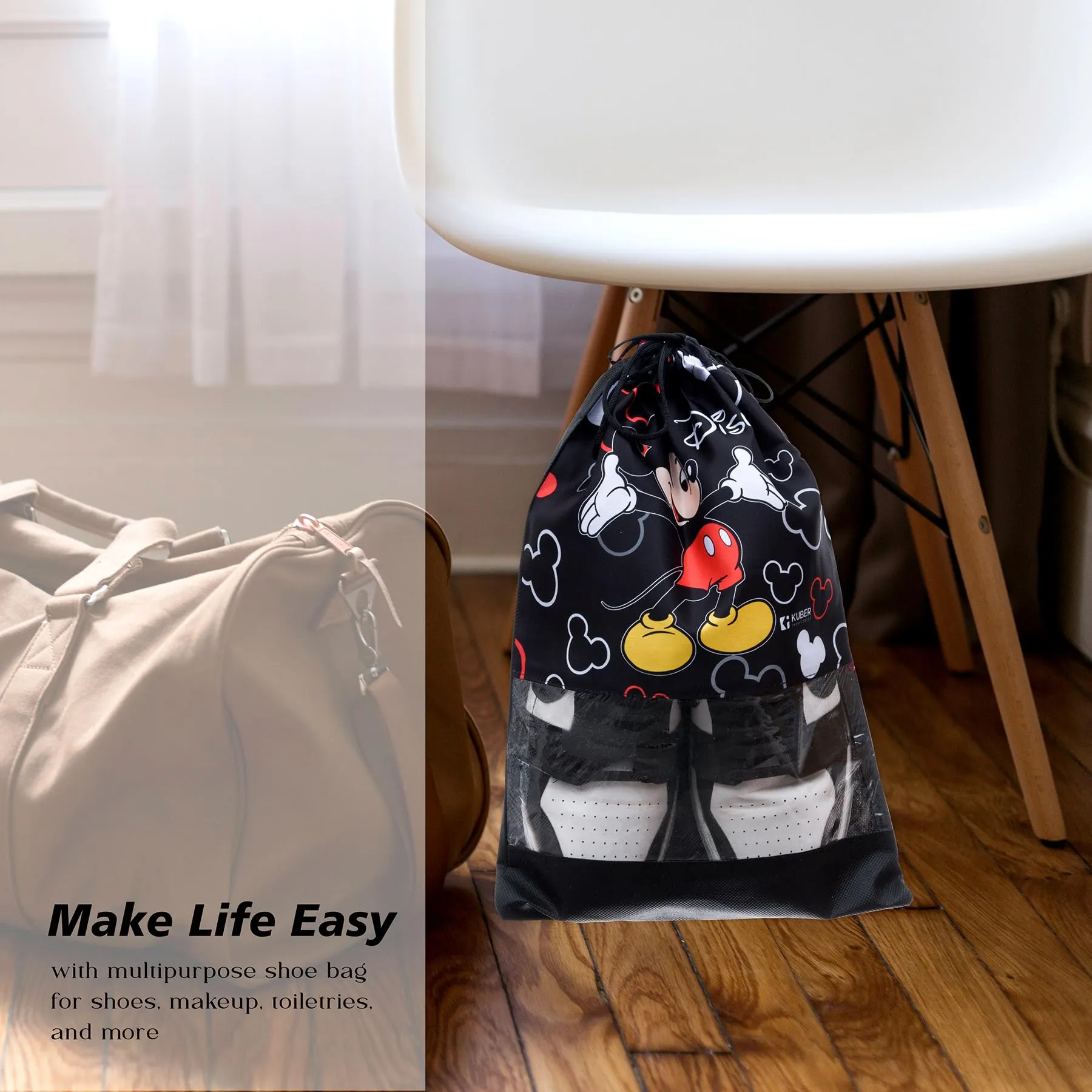 Kuber Industries Disney Mickey Shoe Cover | Travel Shoe Storage Bags | Polyester Storage Bag | Drawstring Shoe Cover | Shoe Organizer with Clear Window | Pack of 6 | Black