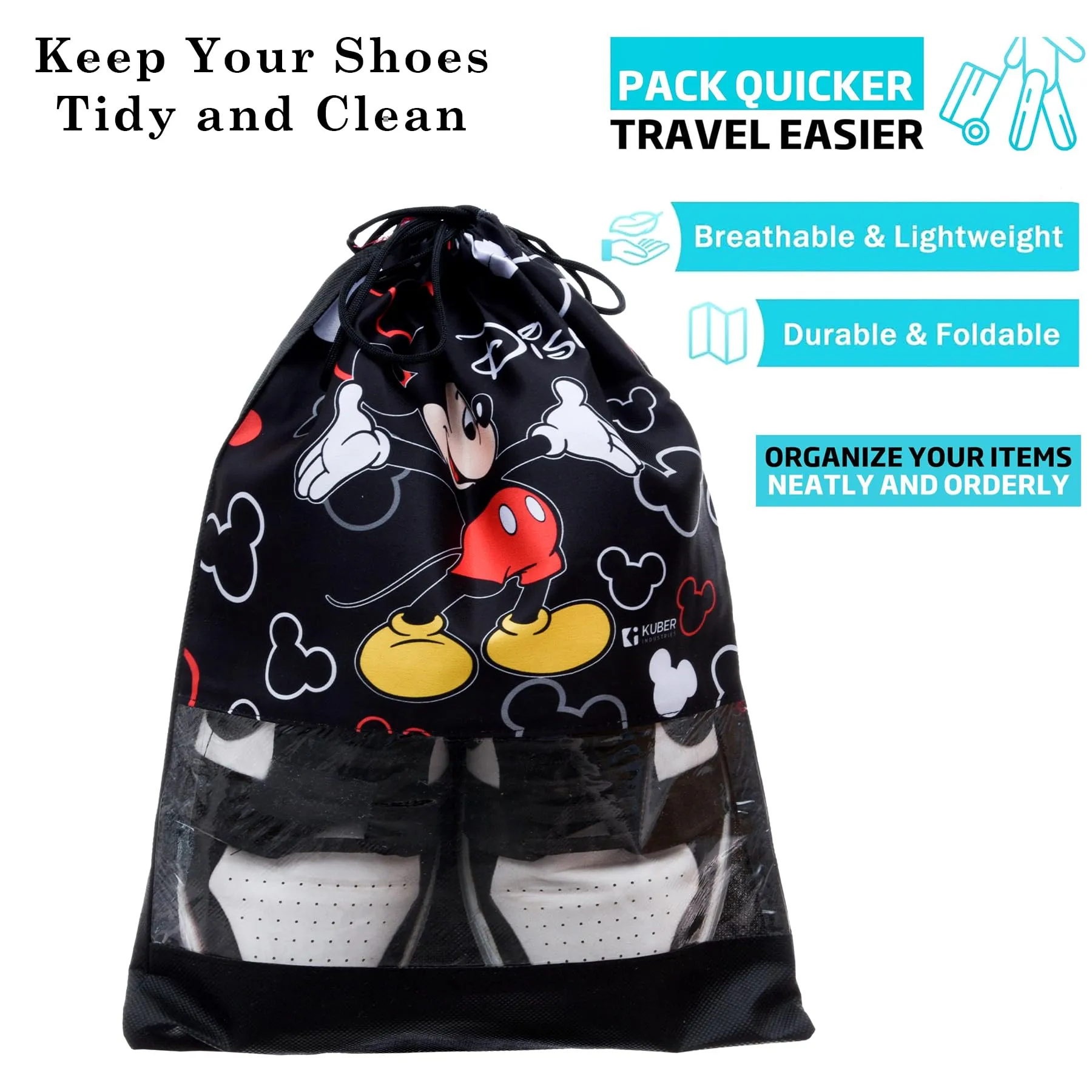 Kuber Industries Disney Mickey Shoe Cover | Travel Shoe Storage Bags | Polyester Storage Bag | Drawstring Shoe Cover | Shoe Organizer with Clear Window | Pack of 6 | Black