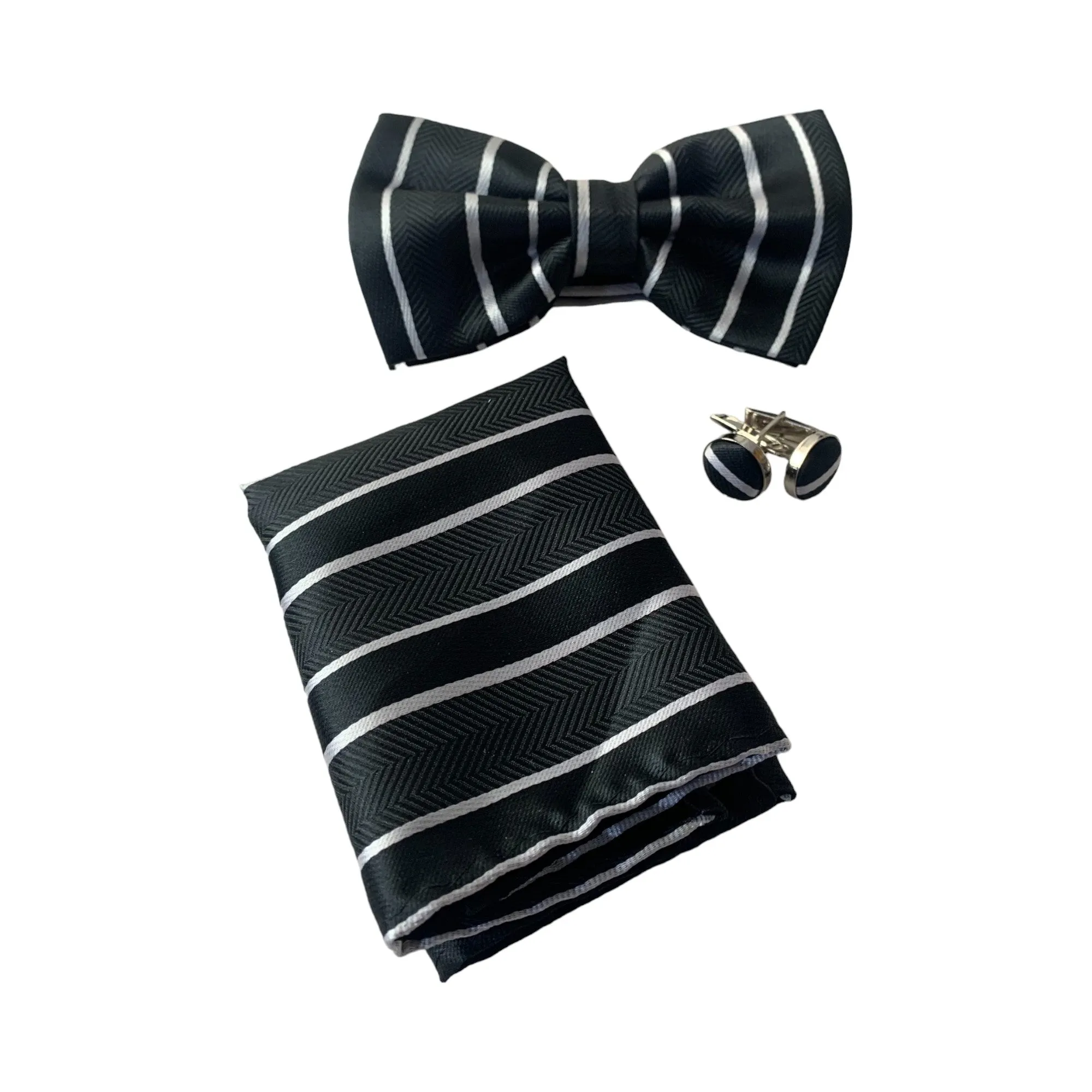 Mens Black Textured Stripe Matching Bow Tie, Pocket Square & Cuff Links Set