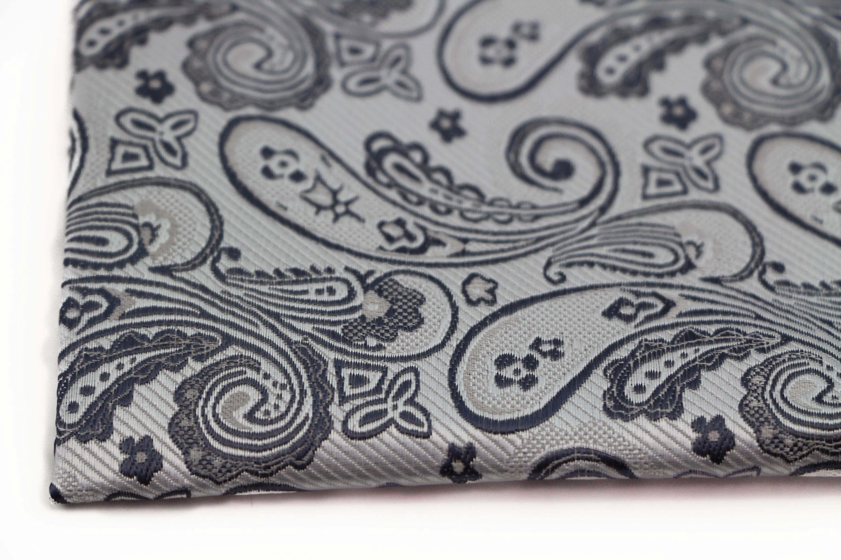 Mens Silver & Dark Grey Boho Paisley Silk Pocket Square