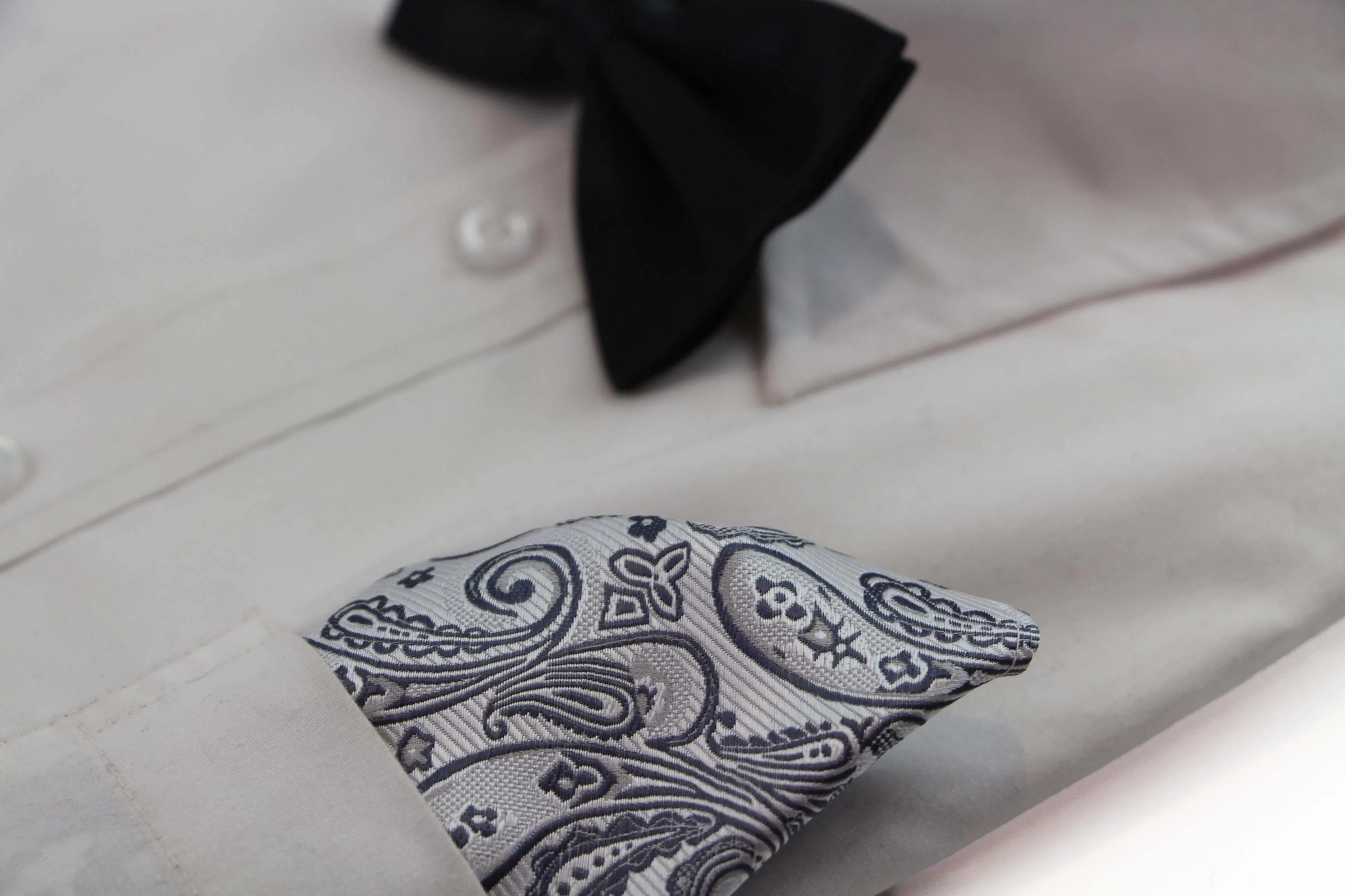 Mens Silver & Dark Grey Boho Paisley Silk Pocket Square