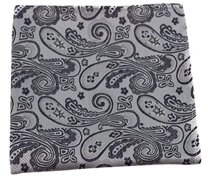 Mens Silver & Dark Grey Boho Paisley Silk Pocket Square