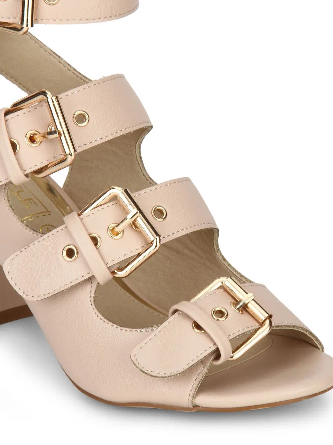 Nude Buckle Detail Ankle Strap Low Block Heels