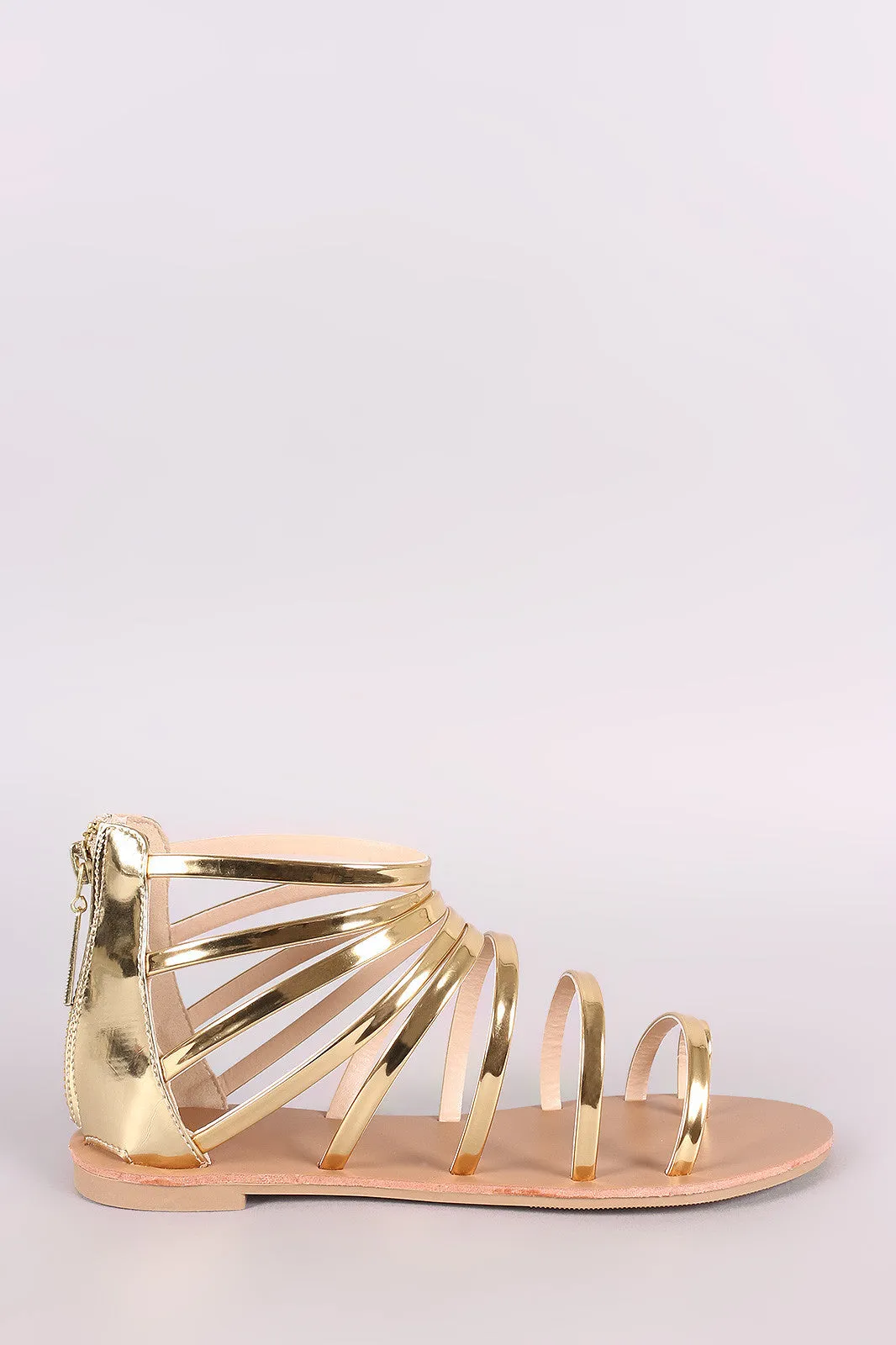 Qupid Mirror Metallic Toe Ring Strappy Gladiator Flat Sandal