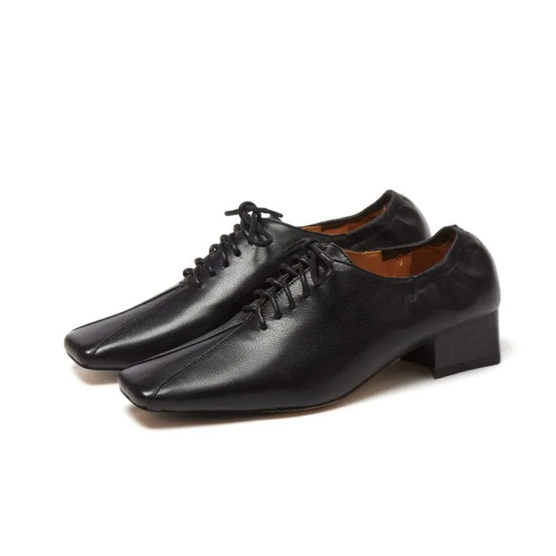 Retro Lace Up Leather Shoes Square Toe Soft Oxford Shoes in Black/Brown/Beige