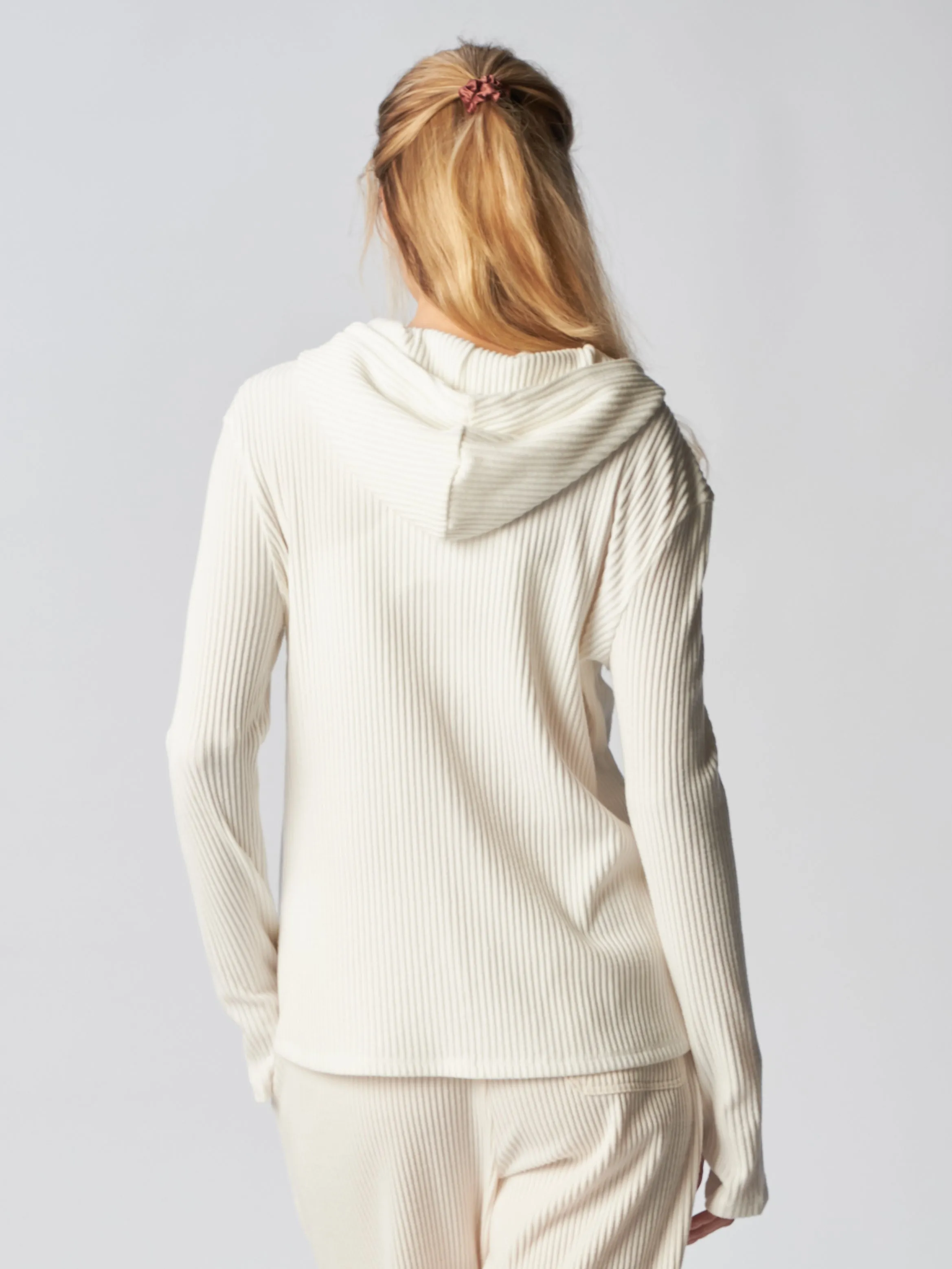 Rib Zip Up Hoodie in Cream