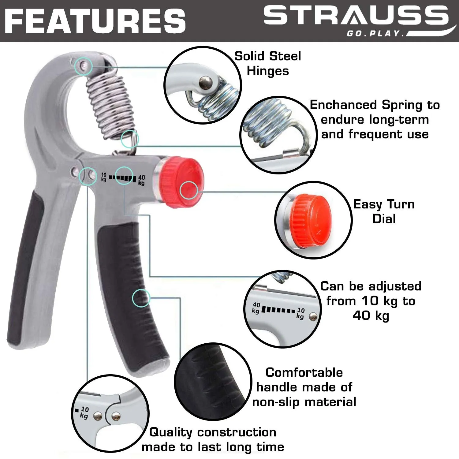 STRAUSS Adjustable chrome steel Hand Grip Strengthener, (Grey/Black) and Chest Expander with 5 Springs