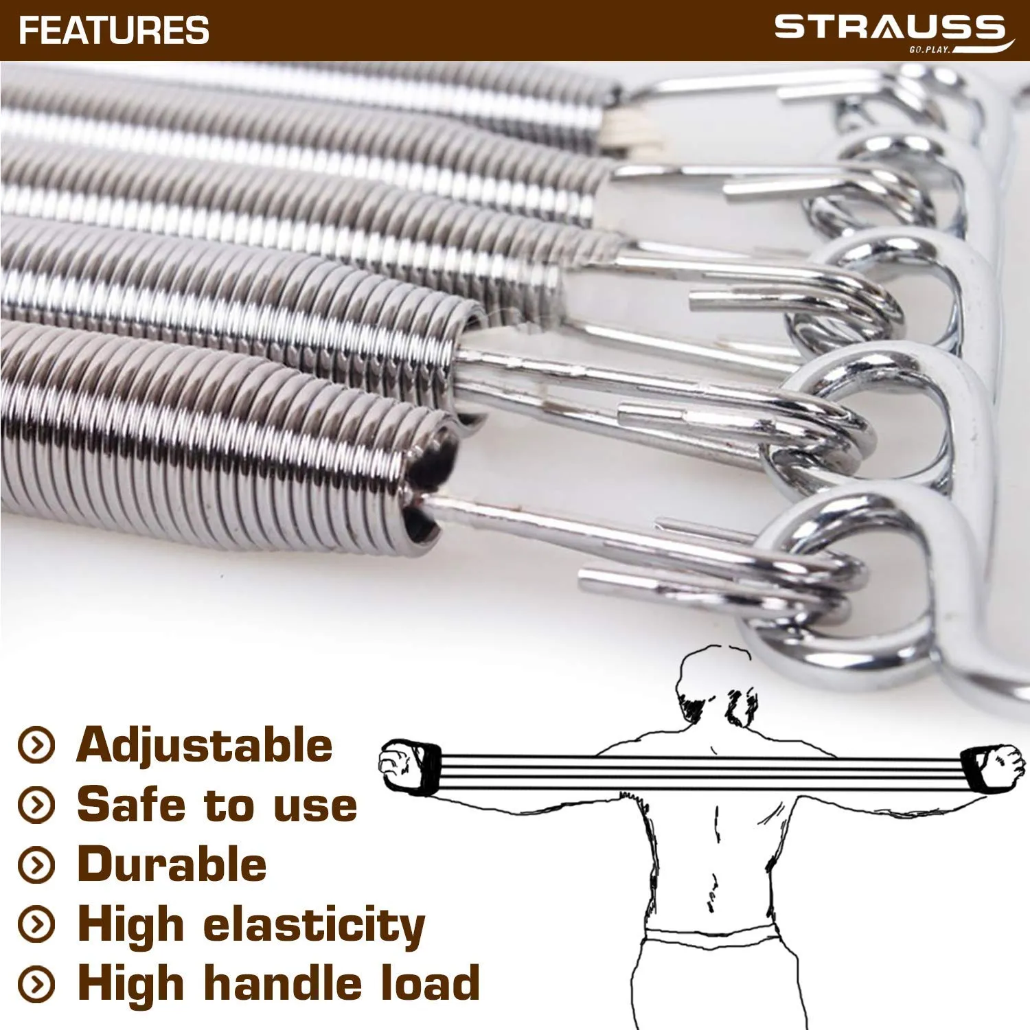 STRAUSS Adjustable chrome steel Hand Grip Strengthener, (Grey/Black) and Chest Expander with 5 Springs