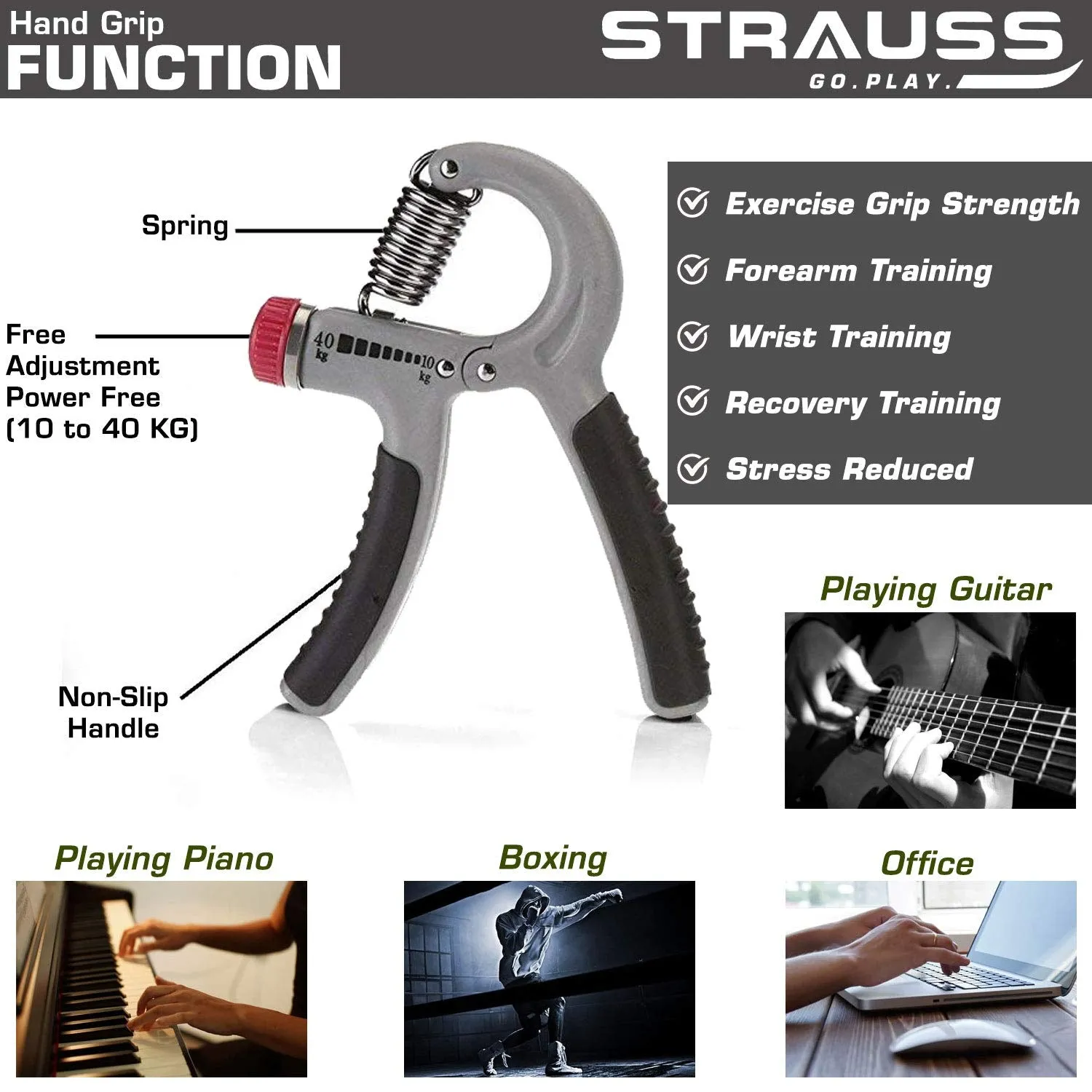 STRAUSS Adjustable chrome steel Hand Grip Strengthener, (Grey/Black) and Chest Expander with 5 Springs