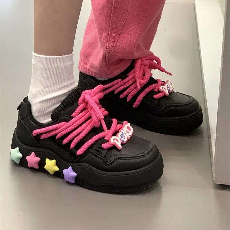 Stylish Black Pink Low Flats, Women’s Thick Lace Sneakers, Round Head Lace Up Shoes, Cute Platform Running Shoes, Athletic Skater Girl Shoes