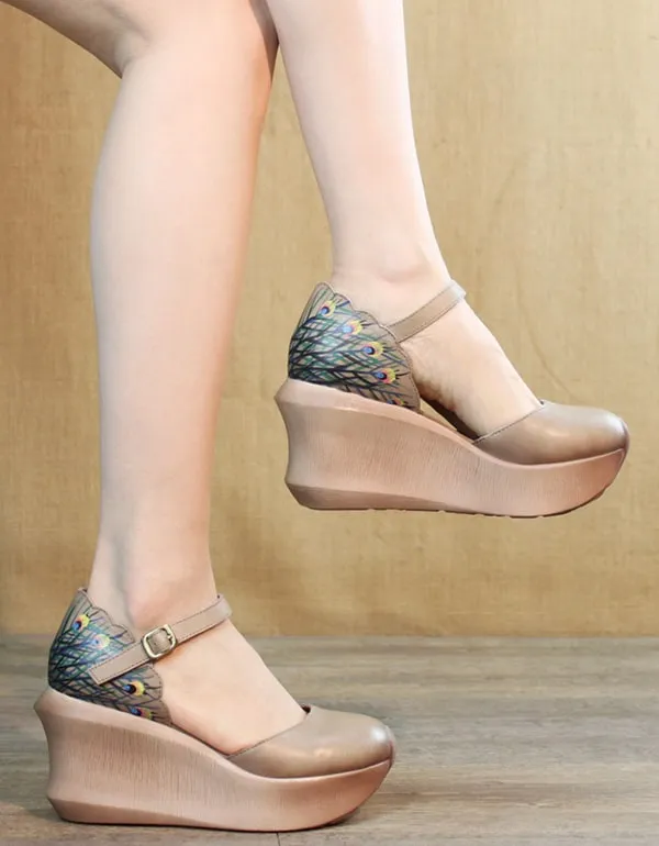 Summer Retro Leather Wedge Heels Ladies Shoes