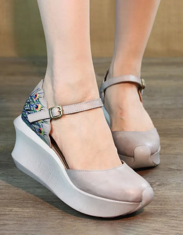 Summer Retro Leather Wedge Heels Ladies Shoes