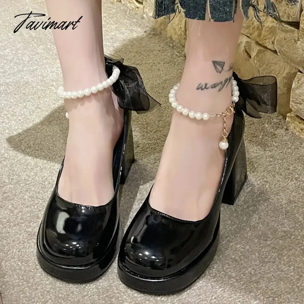 TAVIMART -  Pearl Ankle Strap Platform Pumps for Women Super High Heels Patent Leather Mary Jane Shoes Woman Lace Bowknot Dress Shoes Ladies