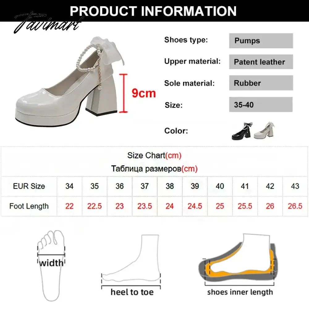 TAVIMART -  Pearl Ankle Strap Platform Pumps for Women Super High Heels Patent Leather Mary Jane Shoes Woman Lace Bowknot Dress Shoes Ladies