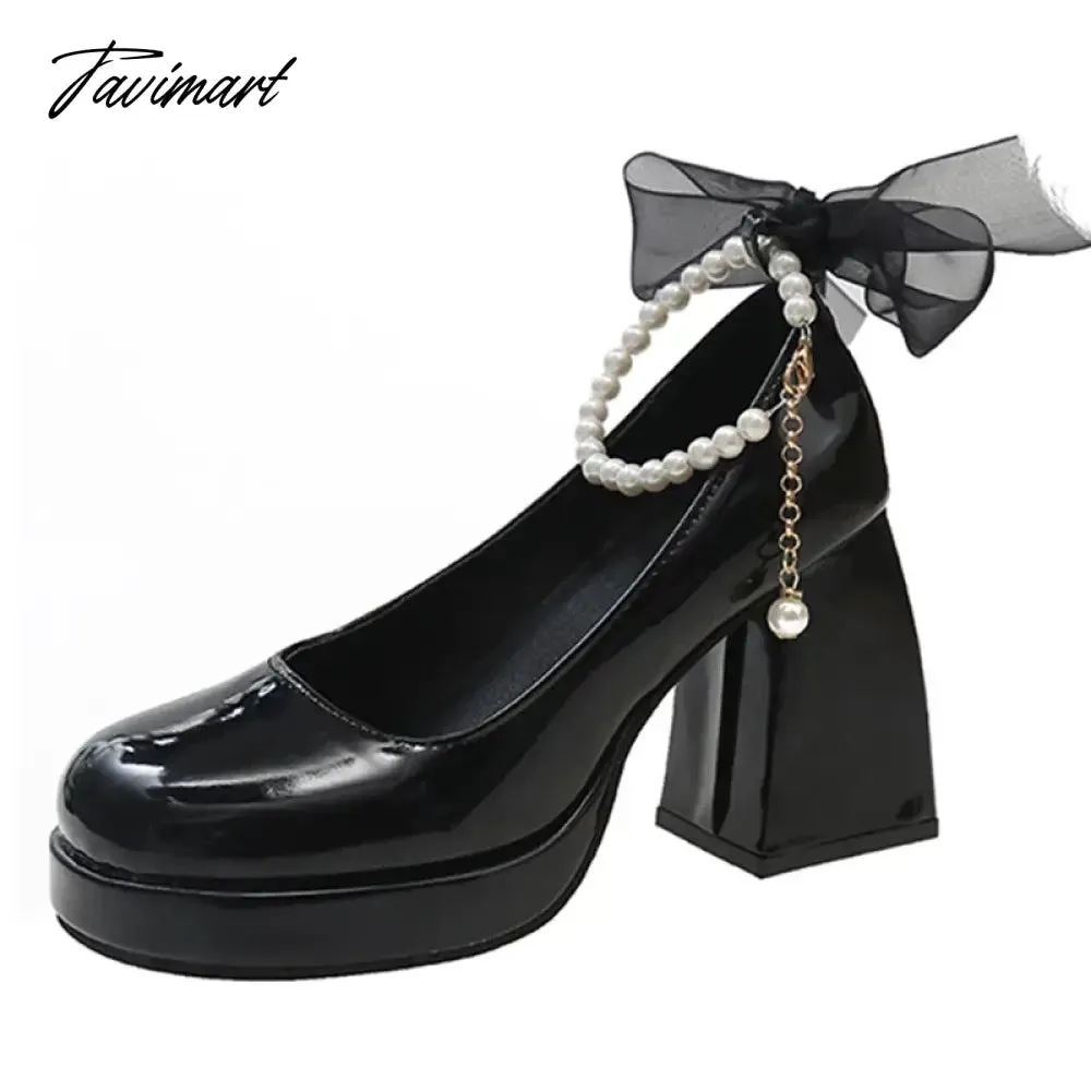 TAVIMART -  Pearl Ankle Strap Platform Pumps for Women Super High Heels Patent Leather Mary Jane Shoes Woman Lace Bowknot Dress Shoes Ladies