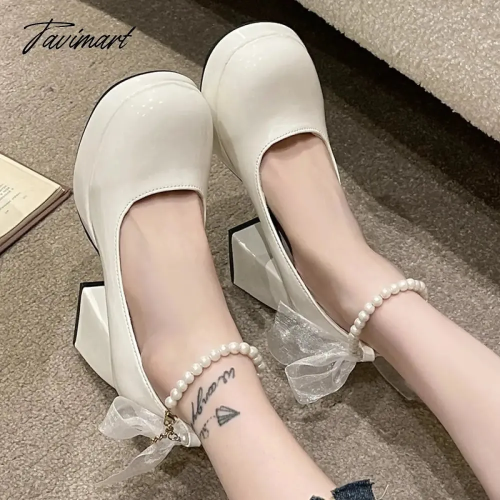 TAVIMART -  Pearl Ankle Strap Platform Pumps for Women Super High Heels Patent Leather Mary Jane Shoes Woman Lace Bowknot Dress Shoes Ladies