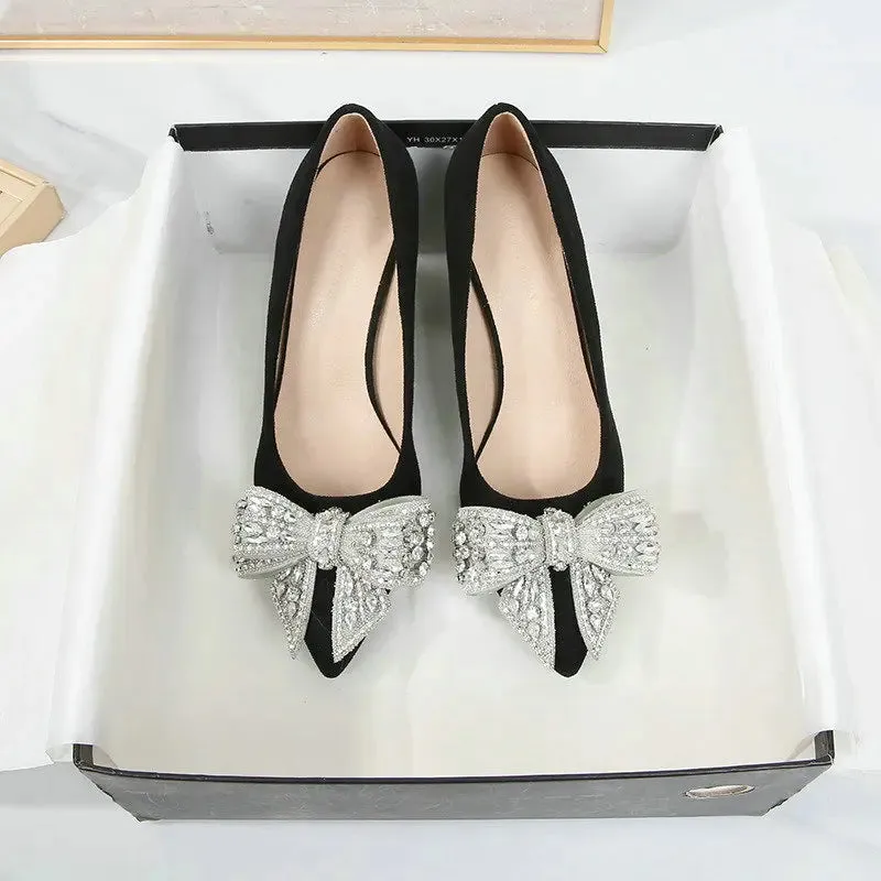 TAVIMART  -  Spring New Black Suede Pumps Rhinestone Bow High Heels Professional Work Shoes Temperament Women's Single Shoes