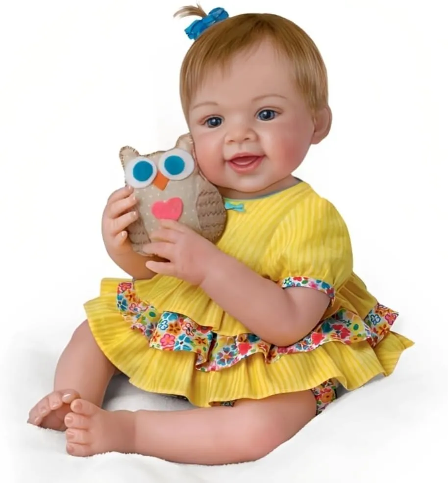 The Ashton-Drake Galleries Owl Always Love You Weighted Poseable RealTouch® Vinyl Skin Baby Girl Doll with Soft Plush Stuffed Animal Owl by Master Doll Artist Waltraud Hanl 18"-inches