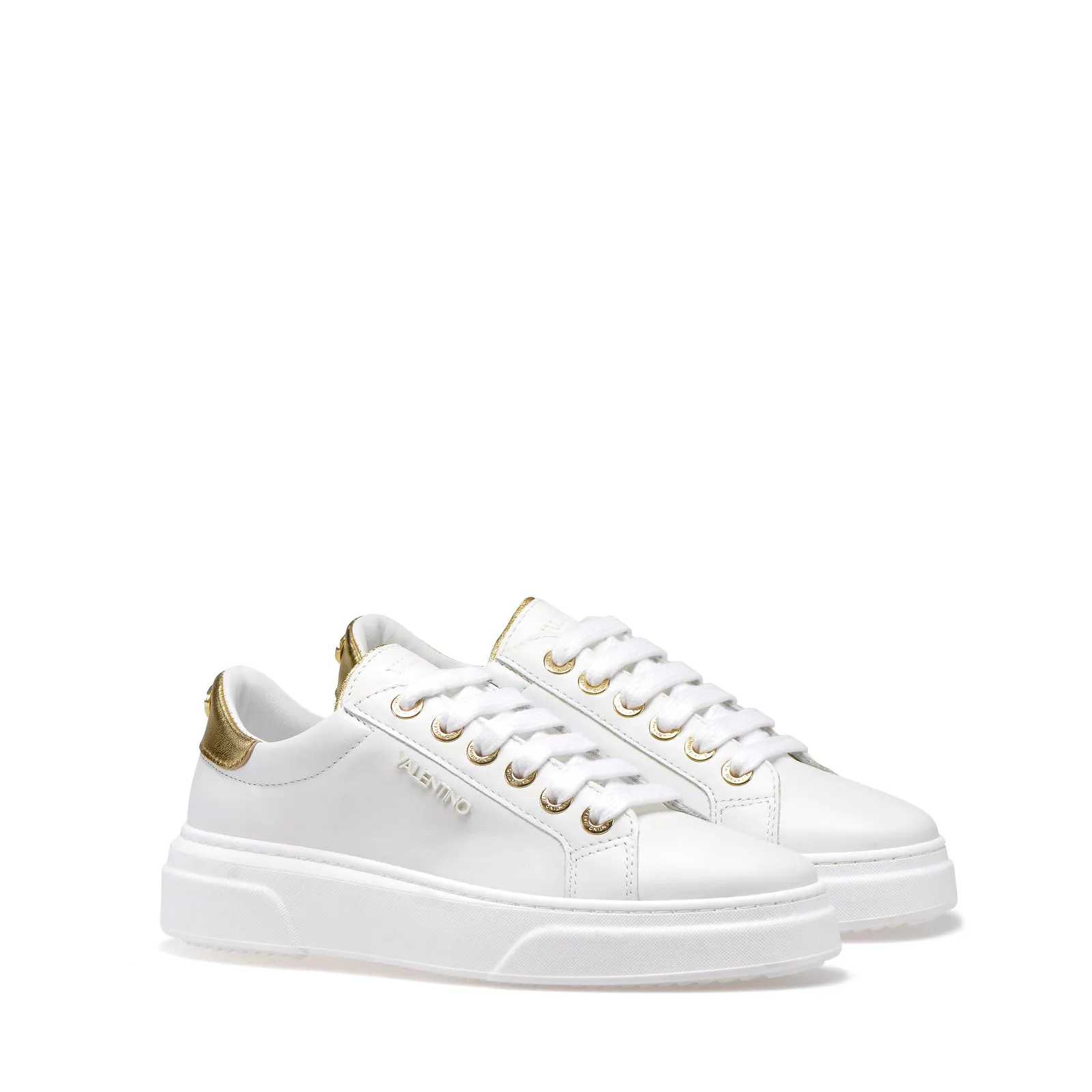 VALENTINO Sneakers lace-up in white and gold calf