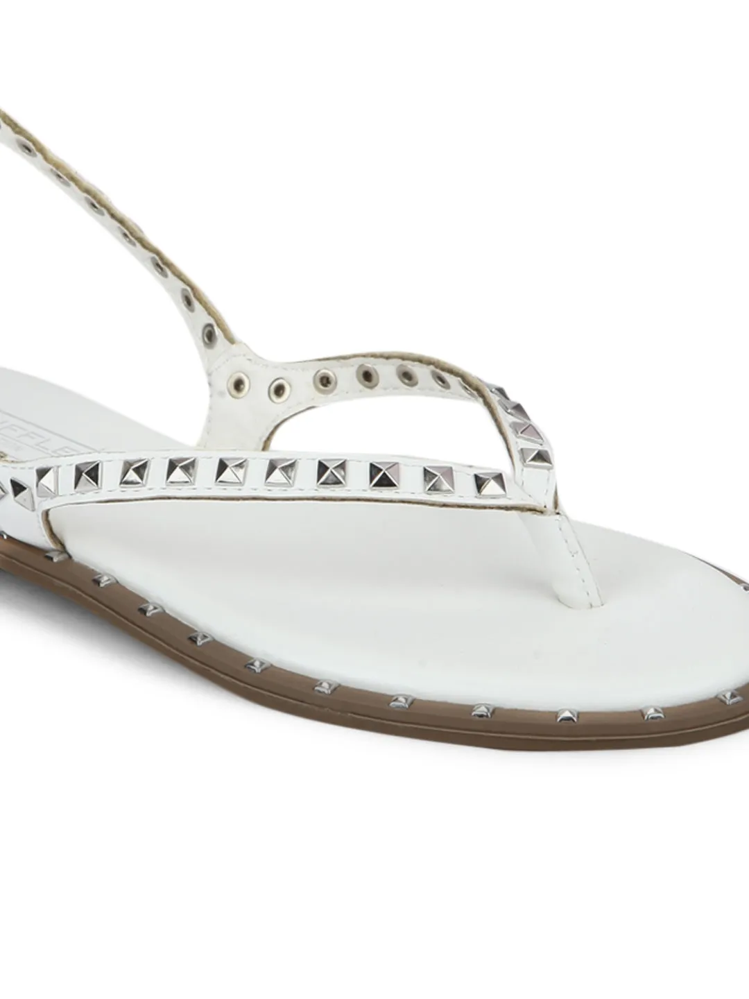 White PU Studded Strap Slip-On Flats