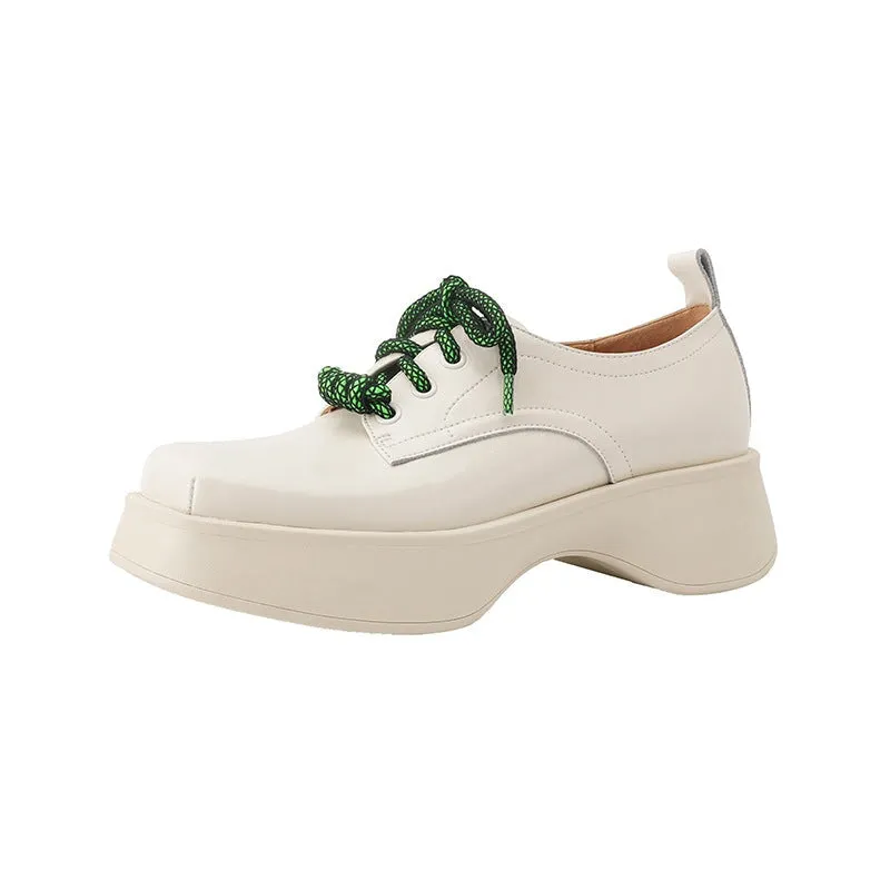 Women Square Toe Lace Up Chunky Derby Shoes in White/Black