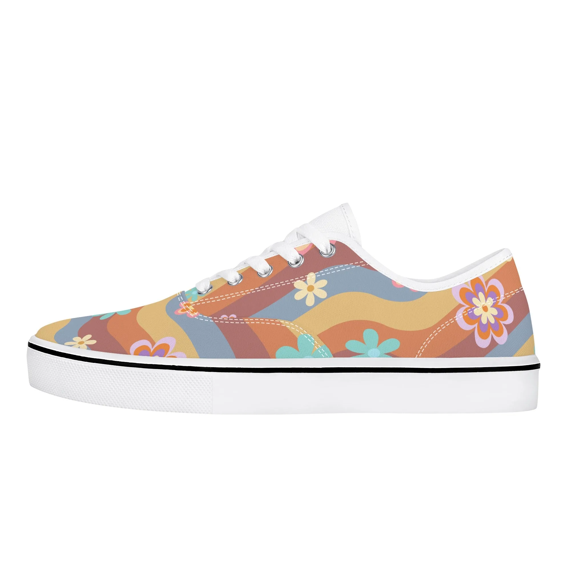 Womens Lace Up Skate Shoes Sneakers, Retro Floral Hippie Print