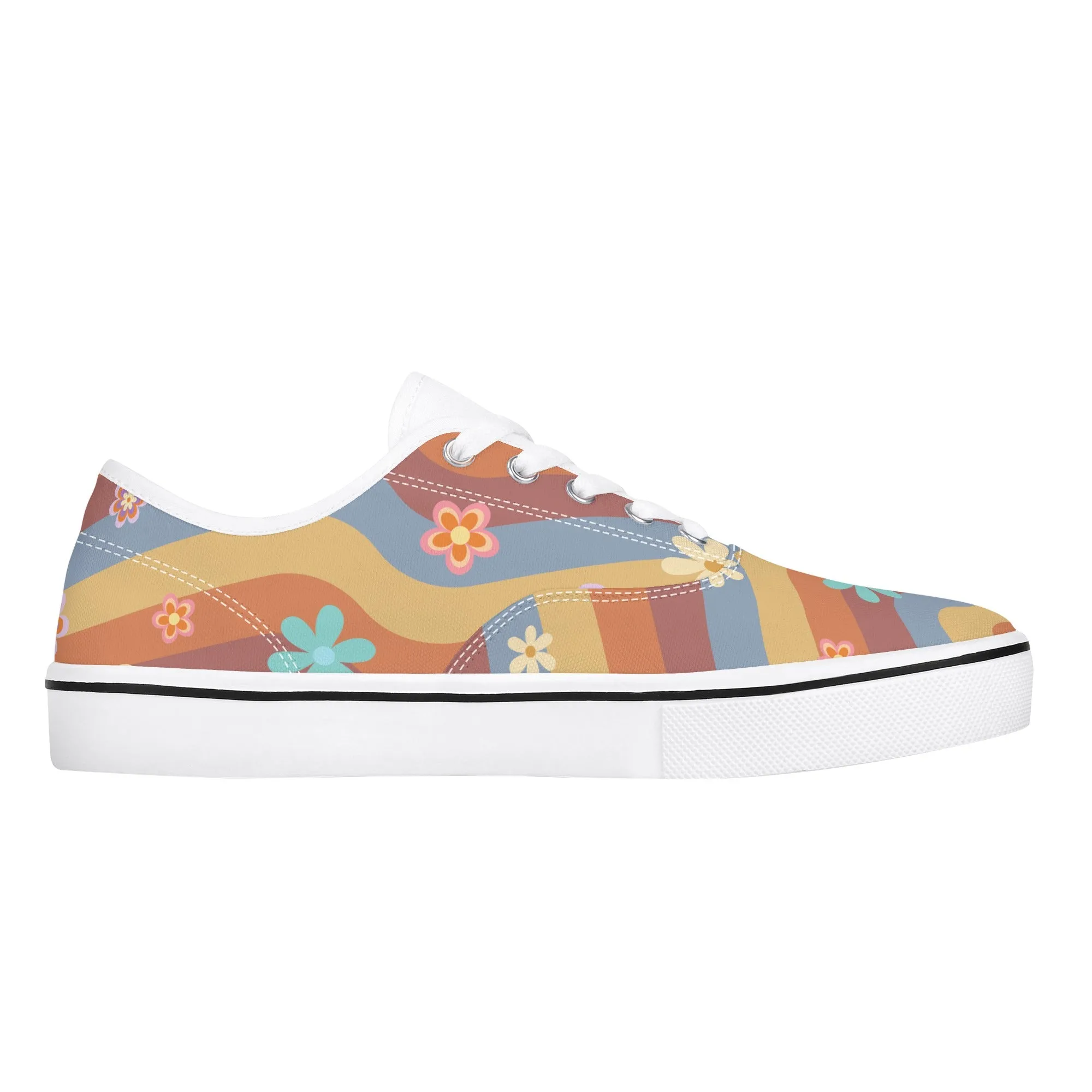 Womens Lace Up Skate Shoes Sneakers, Retro Floral Hippie Print