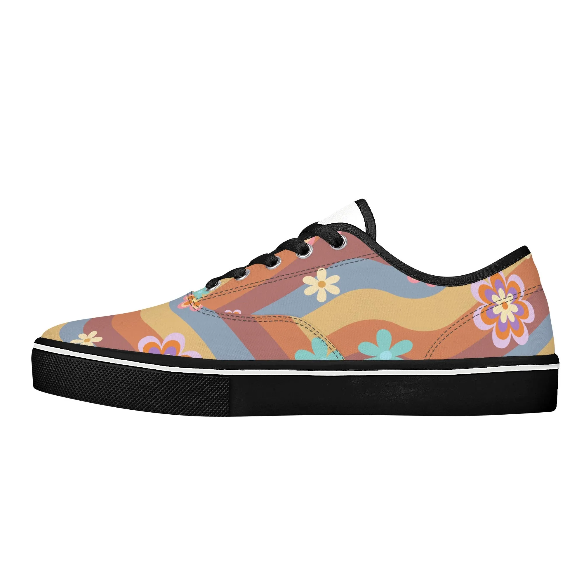 Womens Lace Up Skate Shoes Sneakers, Retro Floral Hippie Print