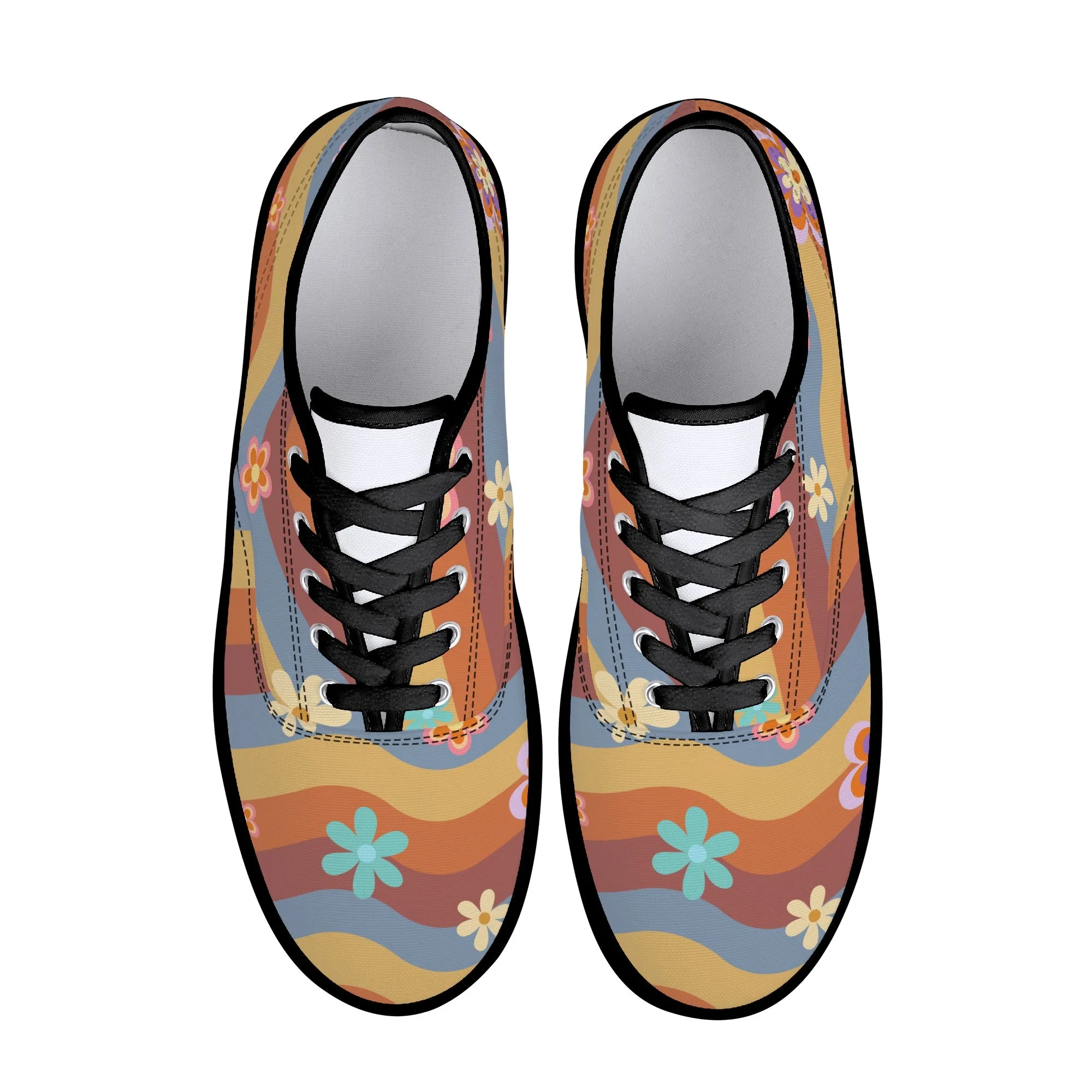 Womens Lace Up Skate Shoes Sneakers, Retro Floral Hippie Print