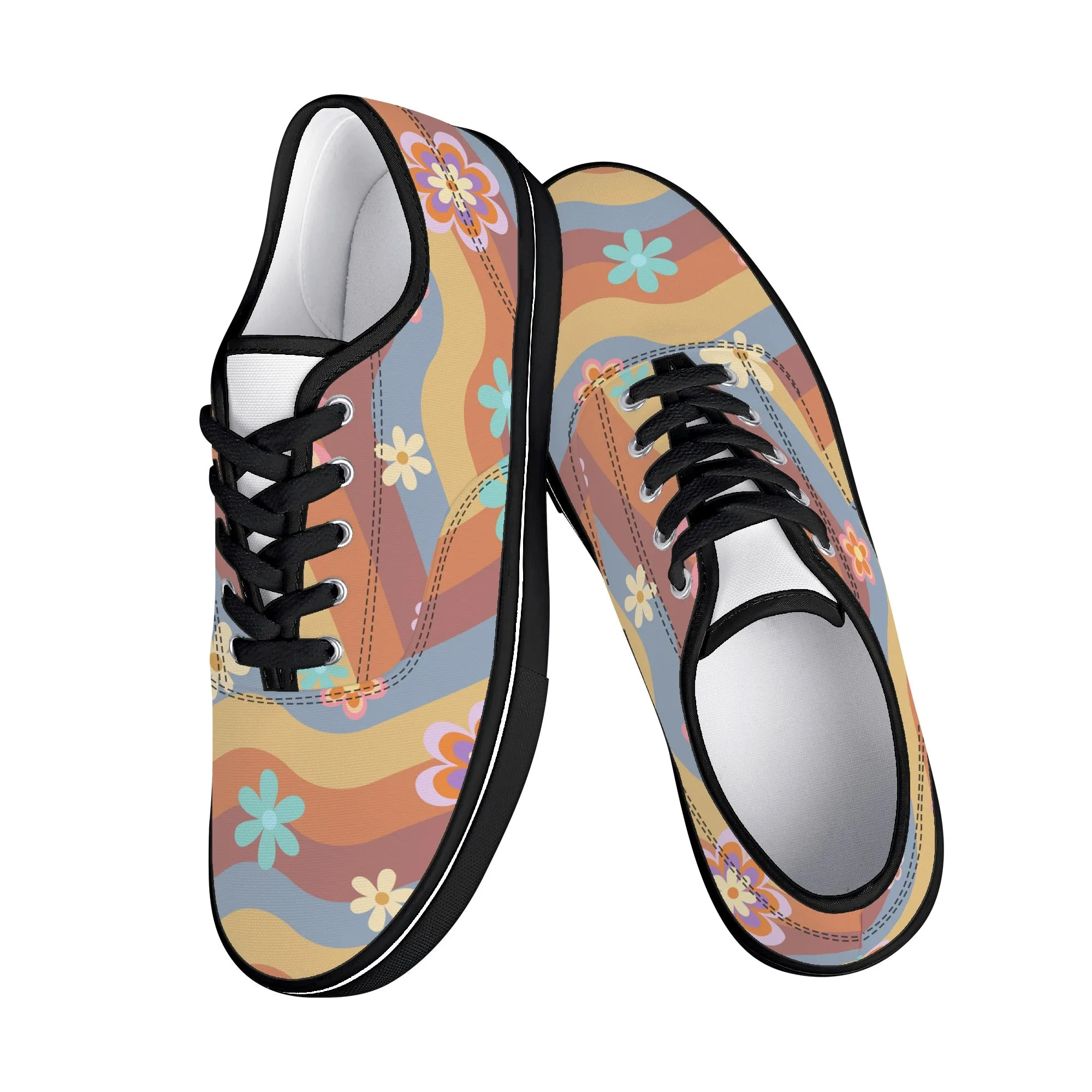 Womens Lace Up Skate Shoes Sneakers, Retro Floral Hippie Print