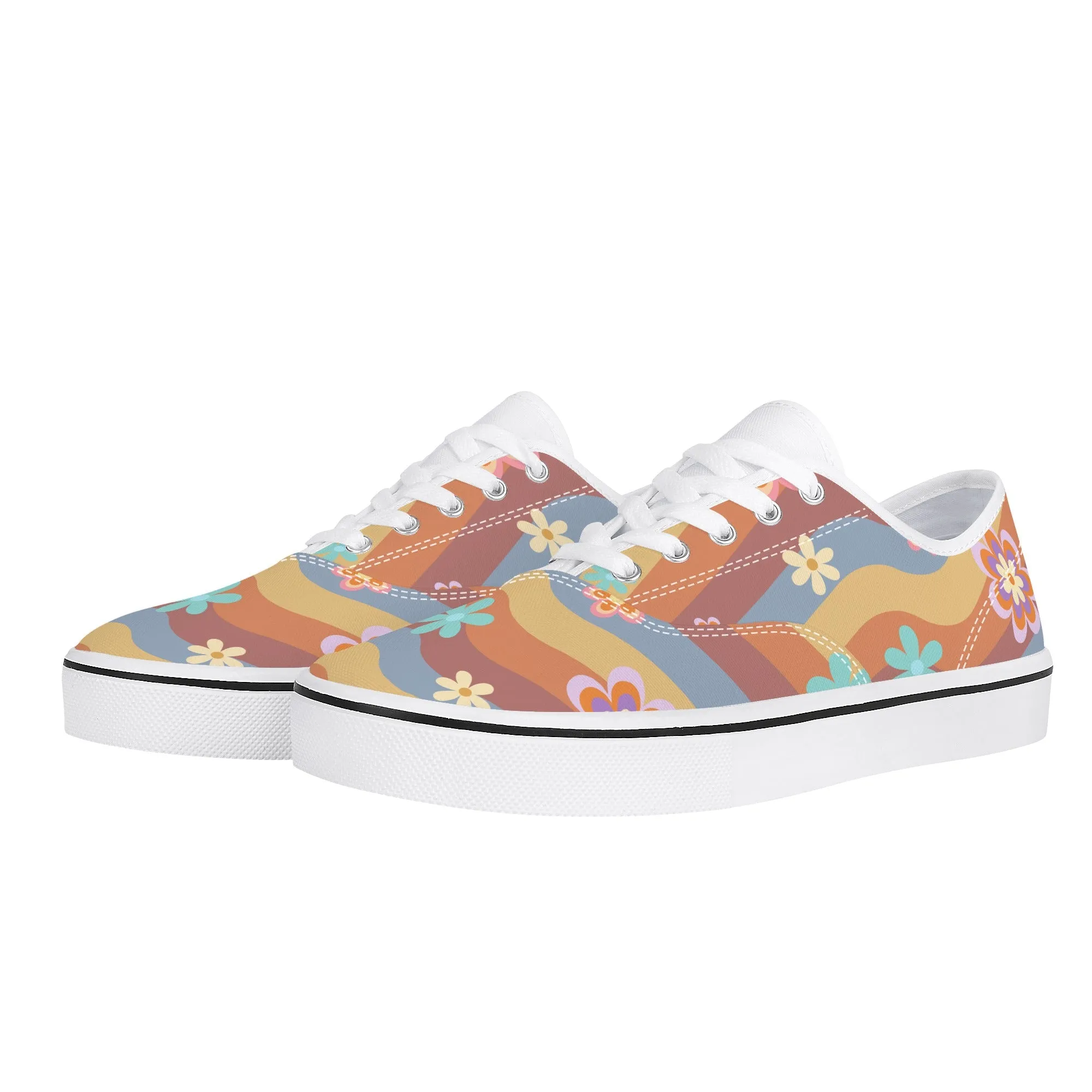 Womens Lace Up Skate Shoes Sneakers, Retro Floral Hippie Print