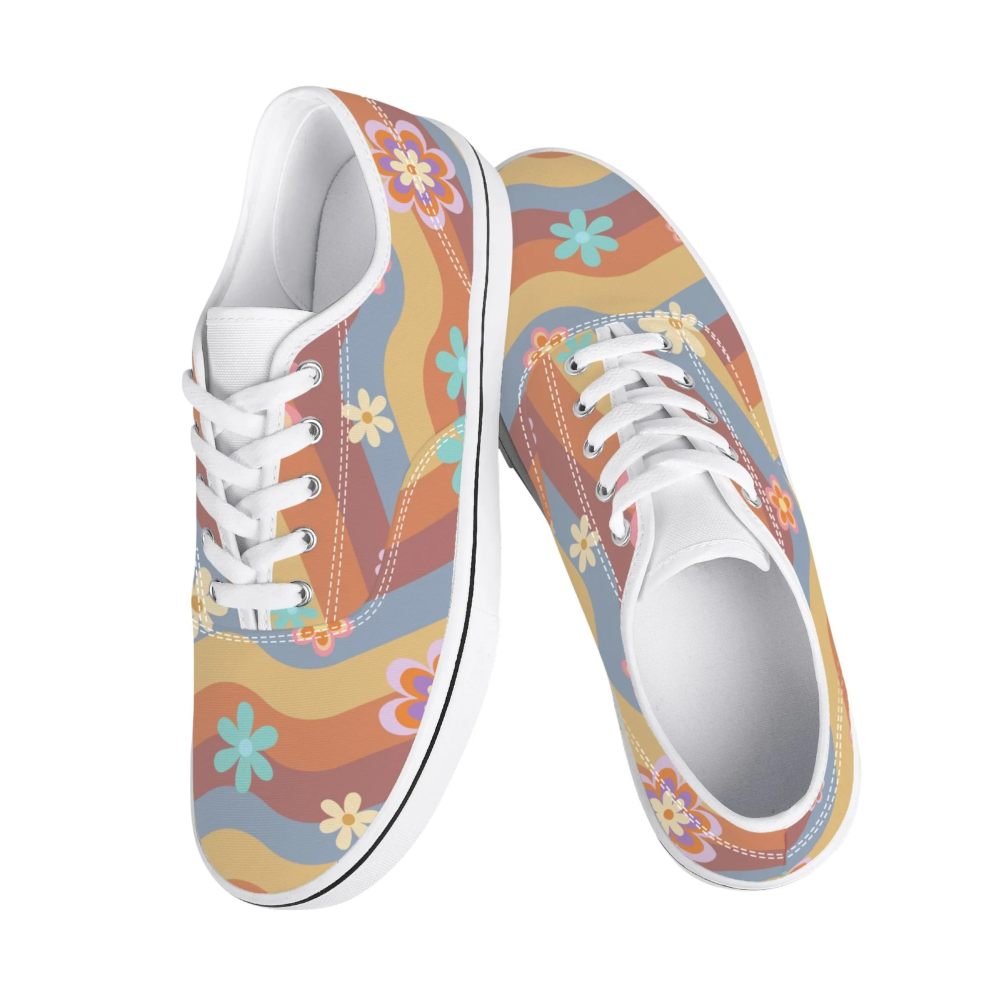 Womens Lace Up Skate Shoes Sneakers, Retro Floral Hippie Print