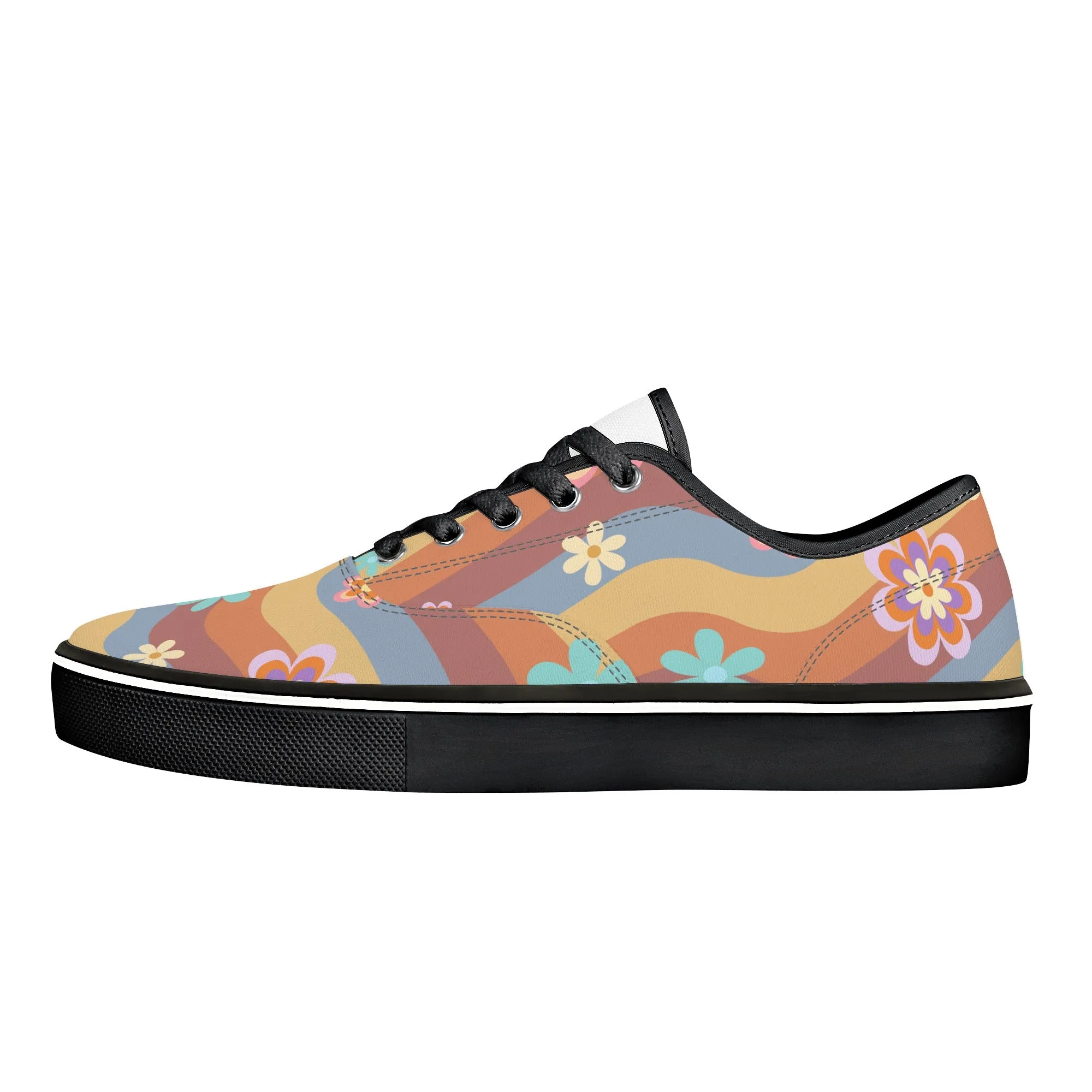 Womens Lace Up Skate Shoes Sneakers, Retro Floral Hippie Print