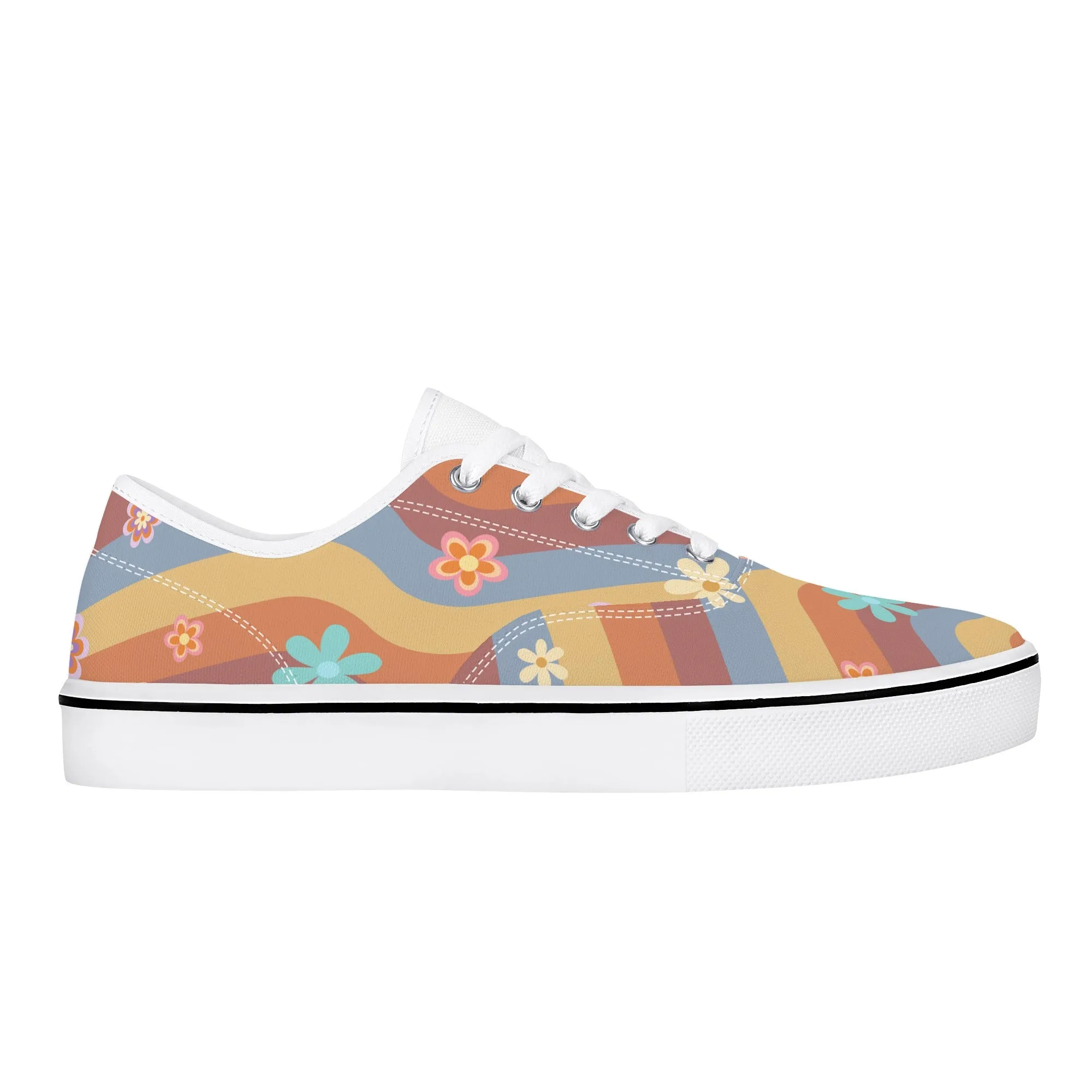 Womens Lace Up Skate Shoes Sneakers, Retro Floral Hippie Print