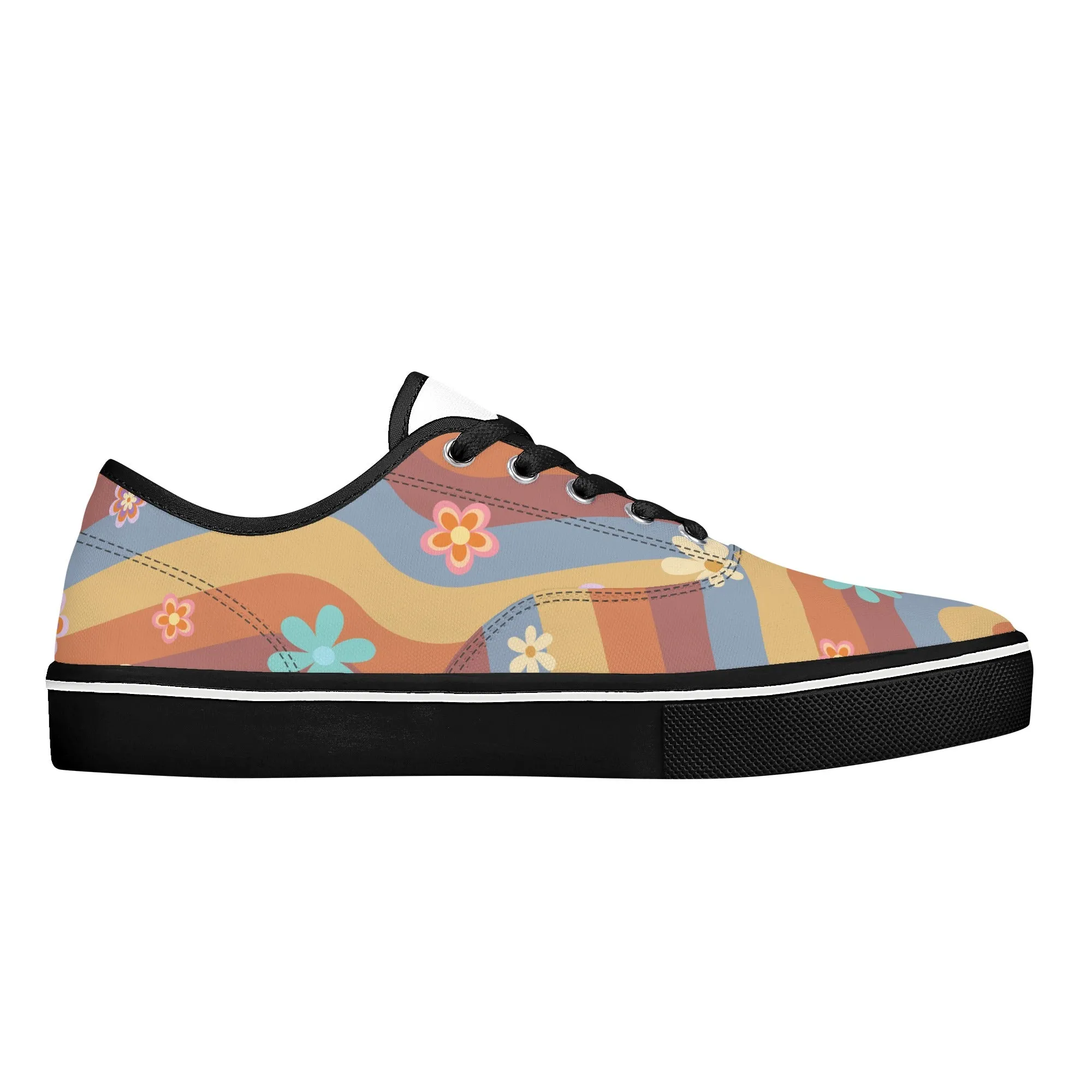 Womens Lace Up Skate Shoes Sneakers, Retro Floral Hippie Print