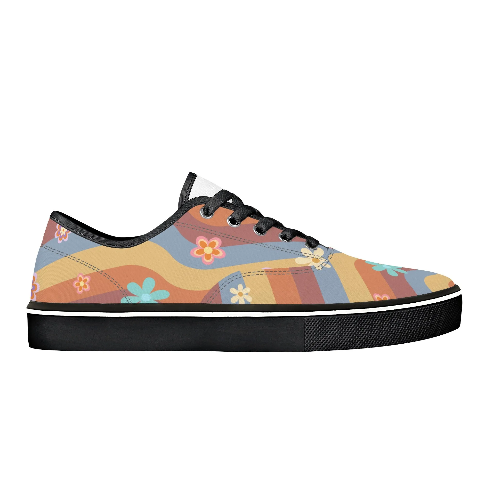 Womens Lace Up Skate Shoes Sneakers, Retro Floral Hippie Print