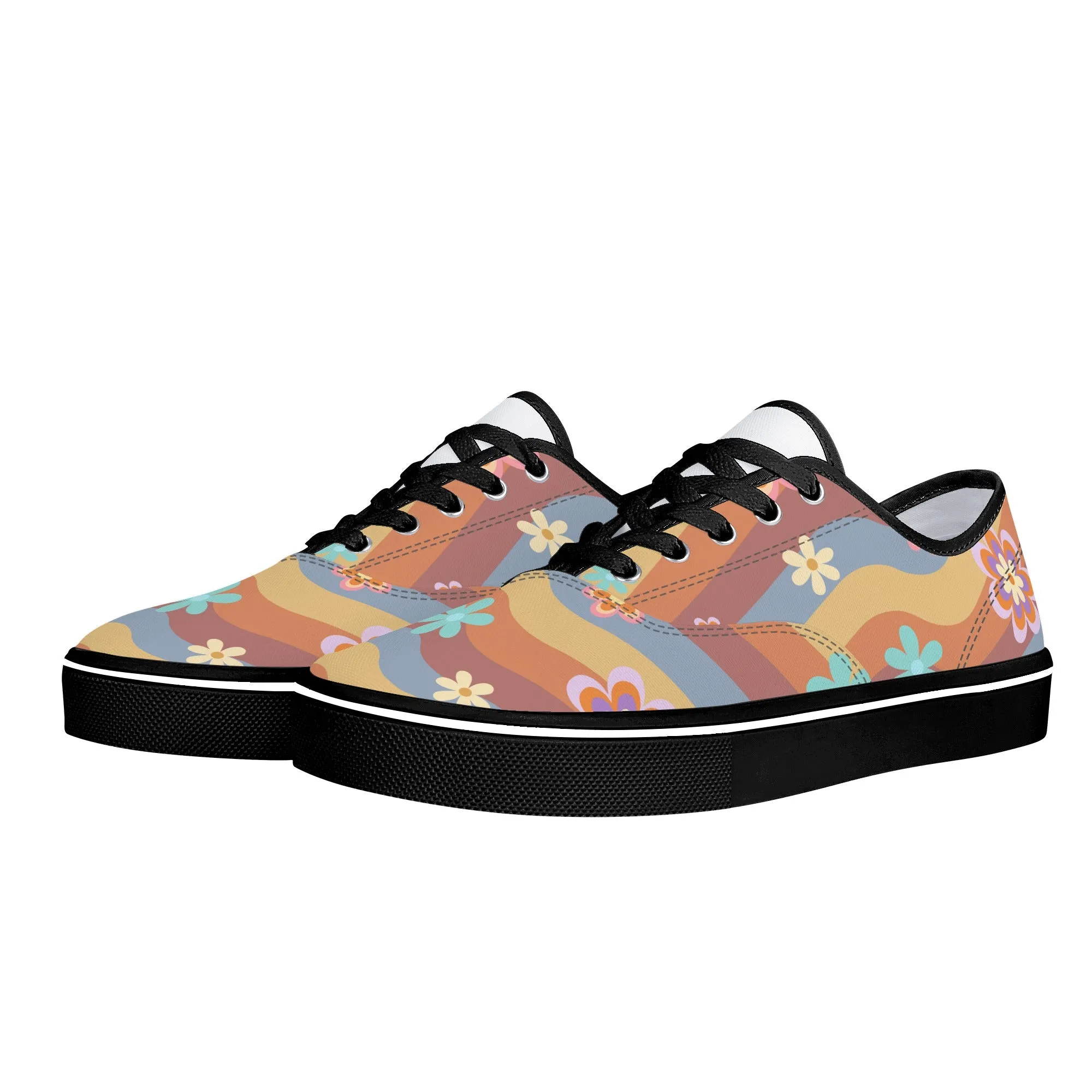 Womens Lace Up Skate Shoes Sneakers, Retro Floral Hippie Print