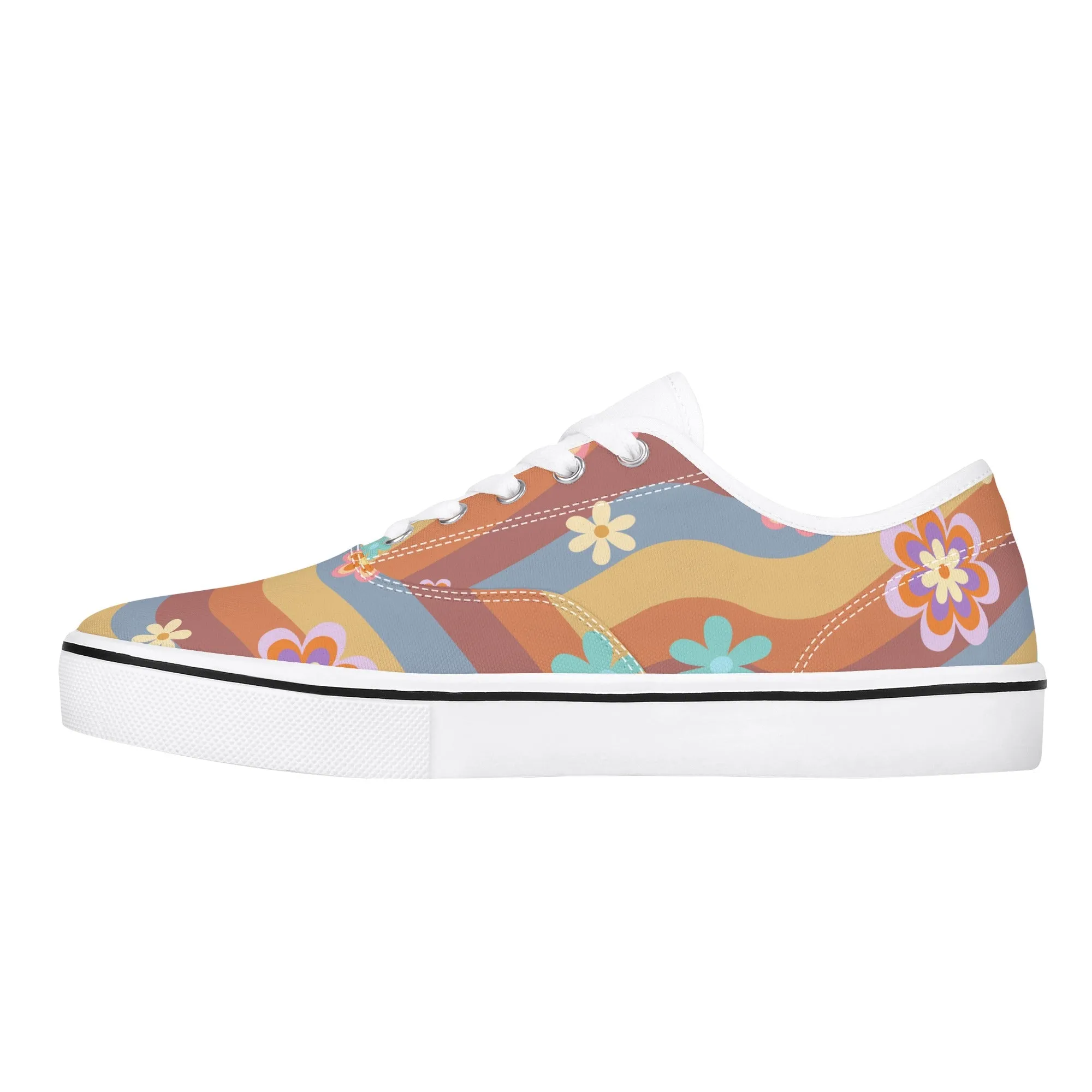 Womens Lace Up Skate Shoes Sneakers, Retro Floral Hippie Print