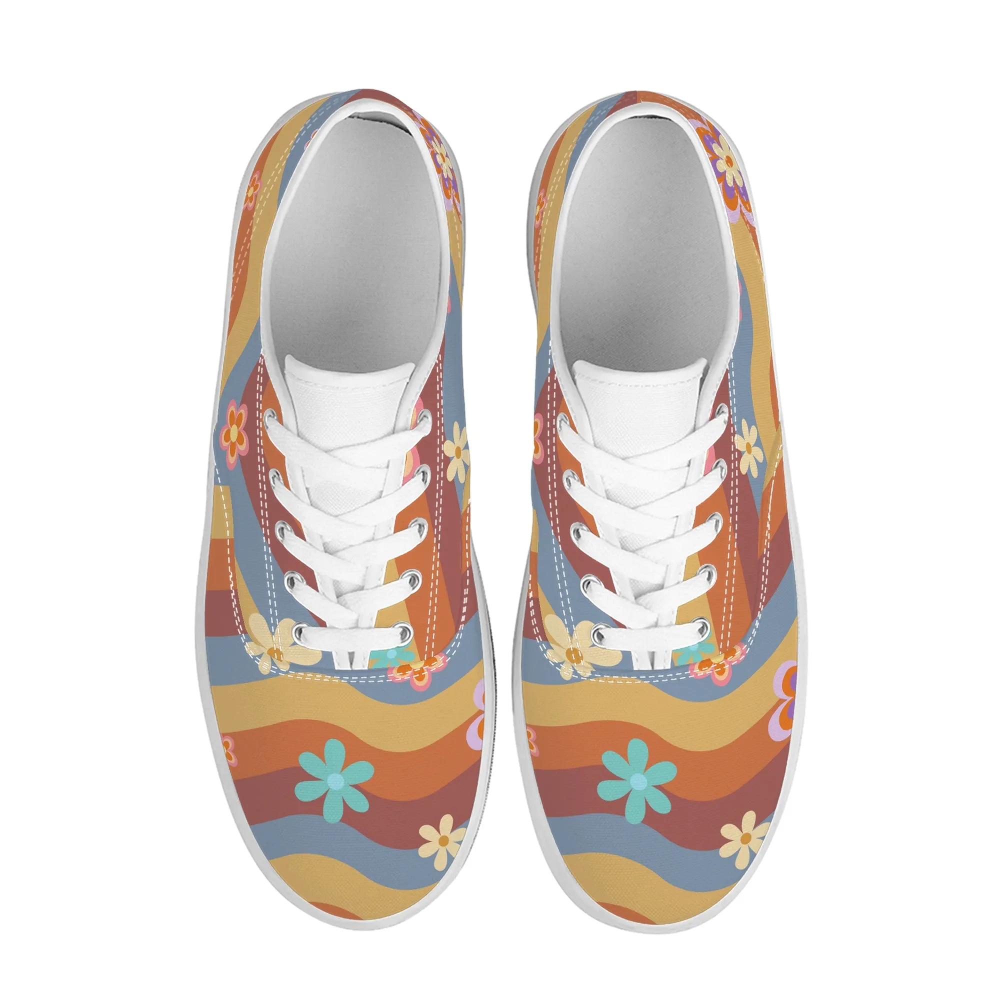 Womens Lace Up Skate Shoes Sneakers, Retro Floral Hippie Print