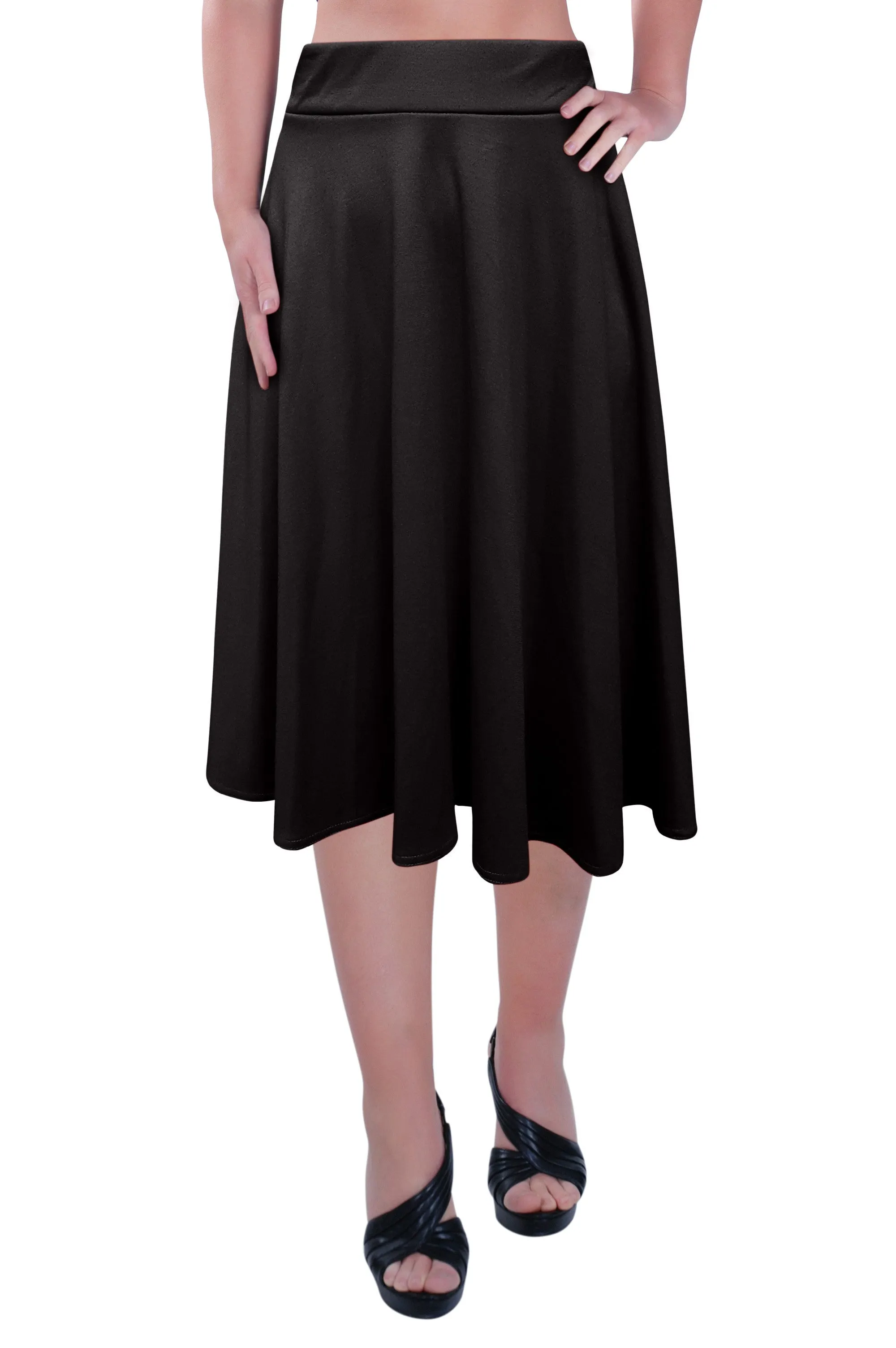 Womens Plus Size Elastic Waist Ladies Knee Length Plain Skater Flared Skirt Sizes 14 to 28