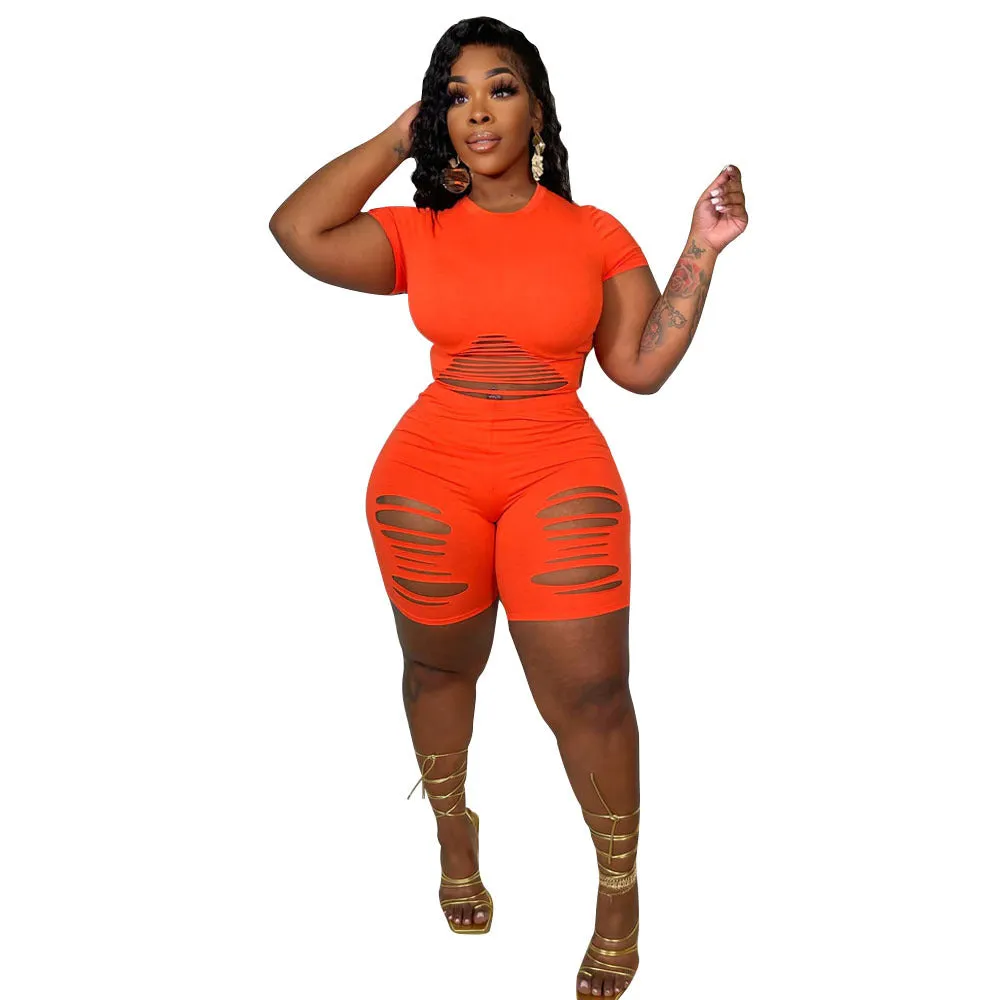 Women's Sexy Hole Solid Color Casual Sports Suit