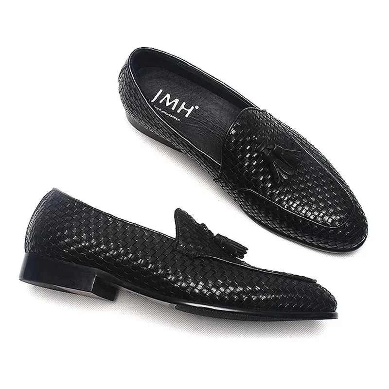 Woven Pattern Tassels Genuine Leather Loafers