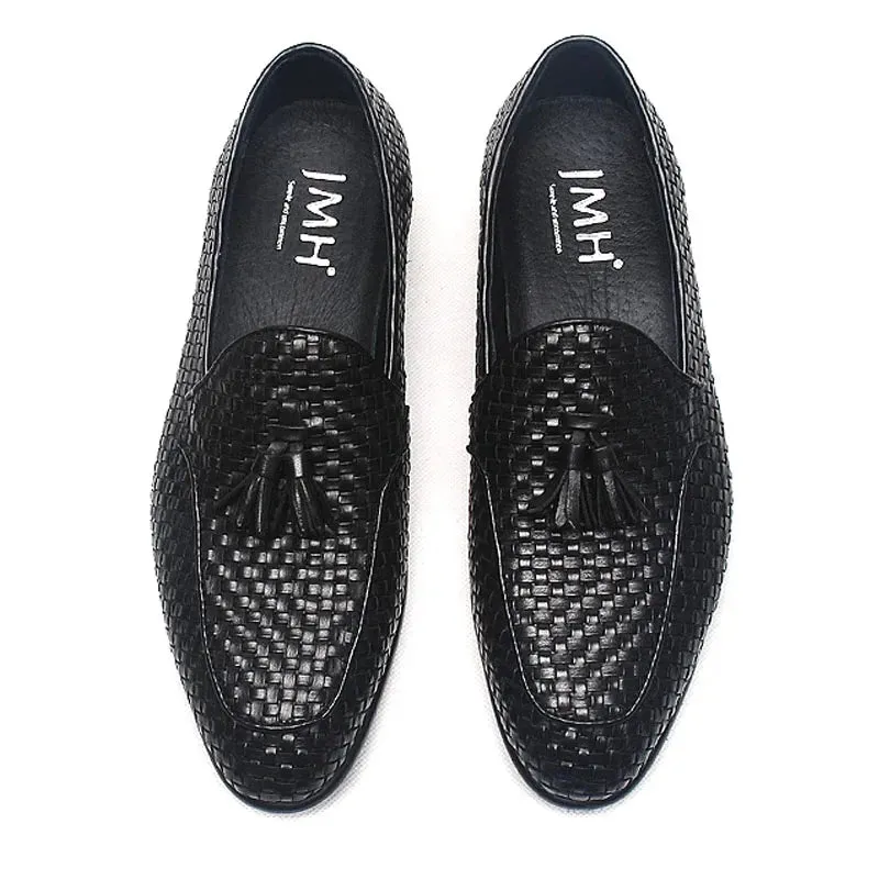 Woven Pattern Tassels Genuine Leather Loafers