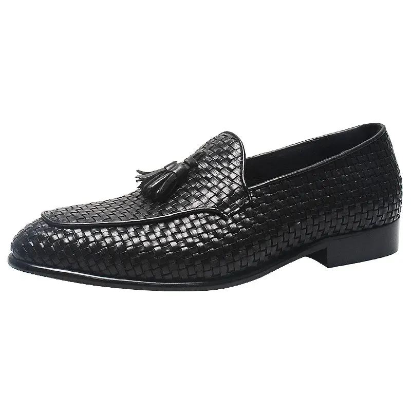 Woven Pattern Tassels Genuine Leather Loafers