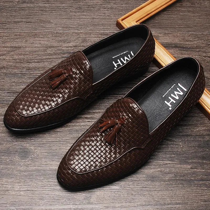 Woven Pattern Tassels Genuine Leather Loafers