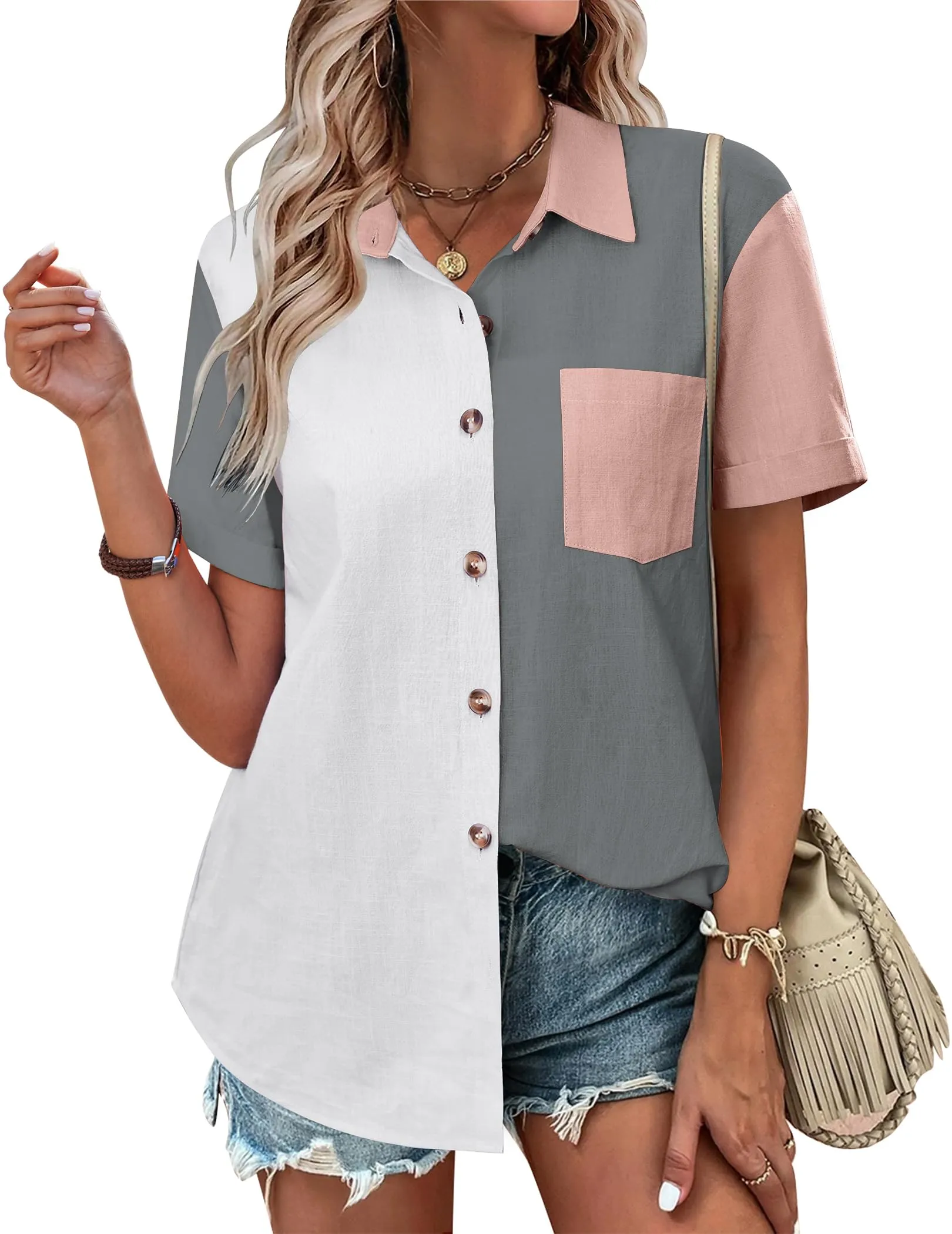 Zeagoo Color Block Short Sleeve Cotton Linen Causal Tops