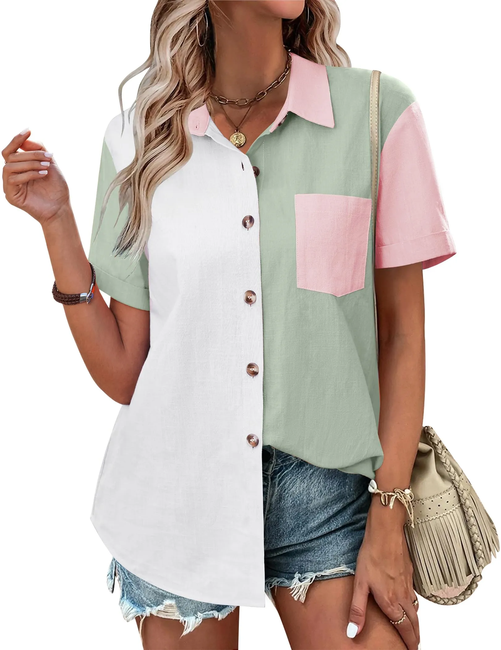 Zeagoo Color Block Short Sleeve Cotton Linen Causal Tops