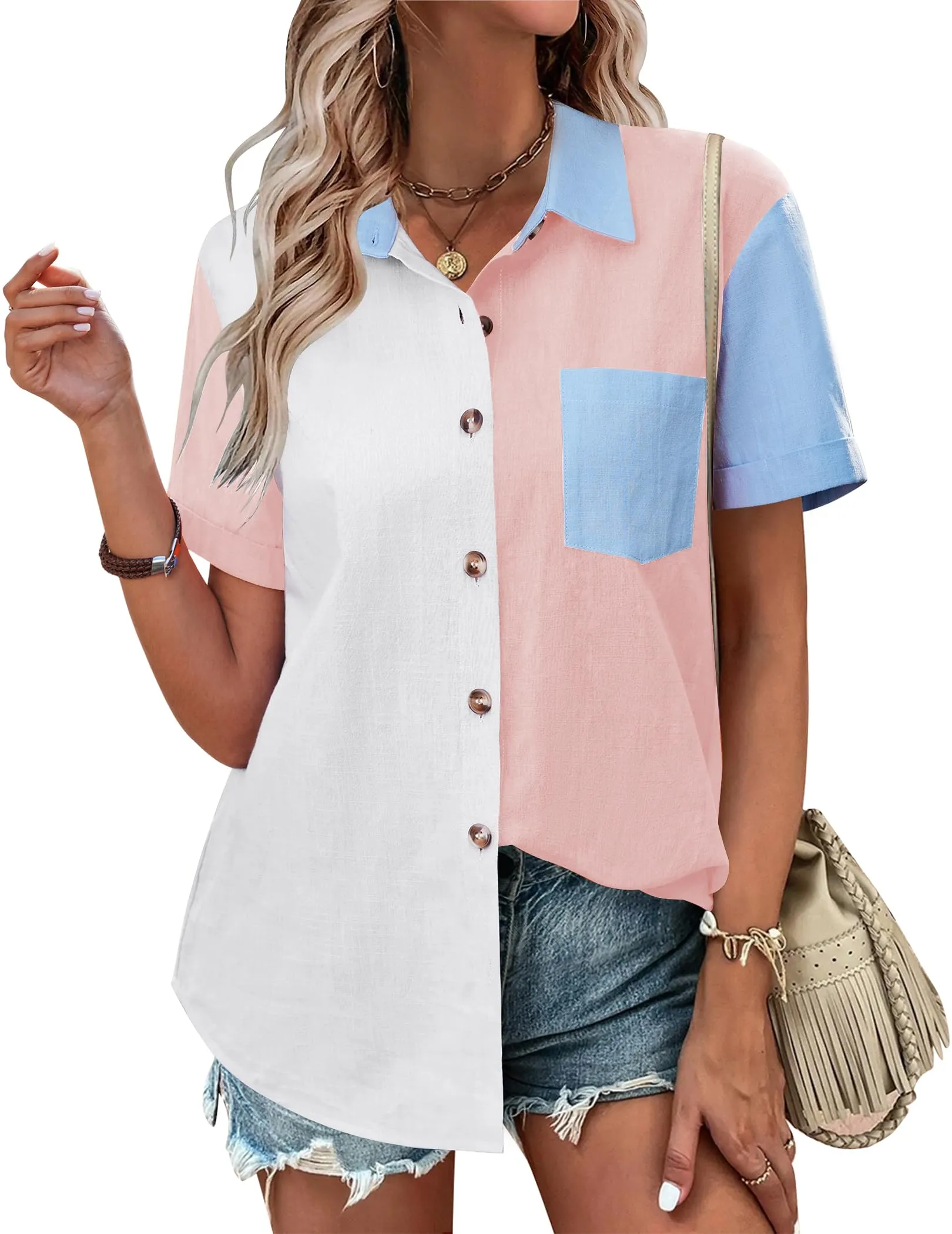 Zeagoo Color Block Short Sleeve Cotton Linen Causal Tops